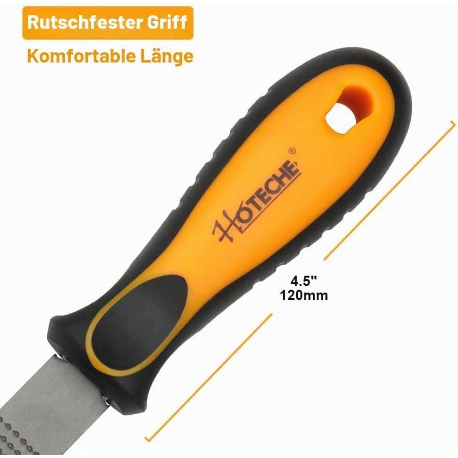 Nahaufnahme eines orange-schwarzen Messergiffs mit „Rutschfester Griff" und „Komfortable Länge""; mit 4,5 Zoll, 120 mm gekennzeichnet.