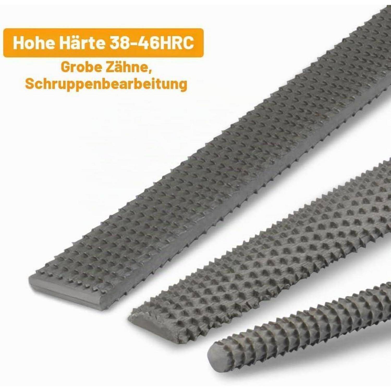 Drei Metallfeilen mit groben Zähnen; Text lautet „Hohe Härte 38-46HRC" und „Grobe Zähne, Schruppenbearbeitung"".