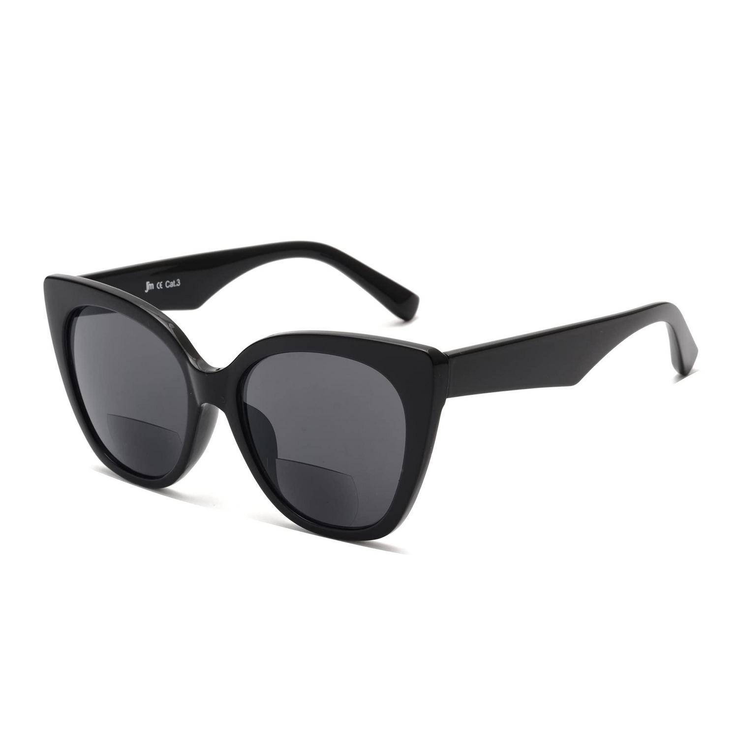 Schwarze Katzenauge-Sonnenbrille mit dunklen Gläsern auf weißem Hintergrund.