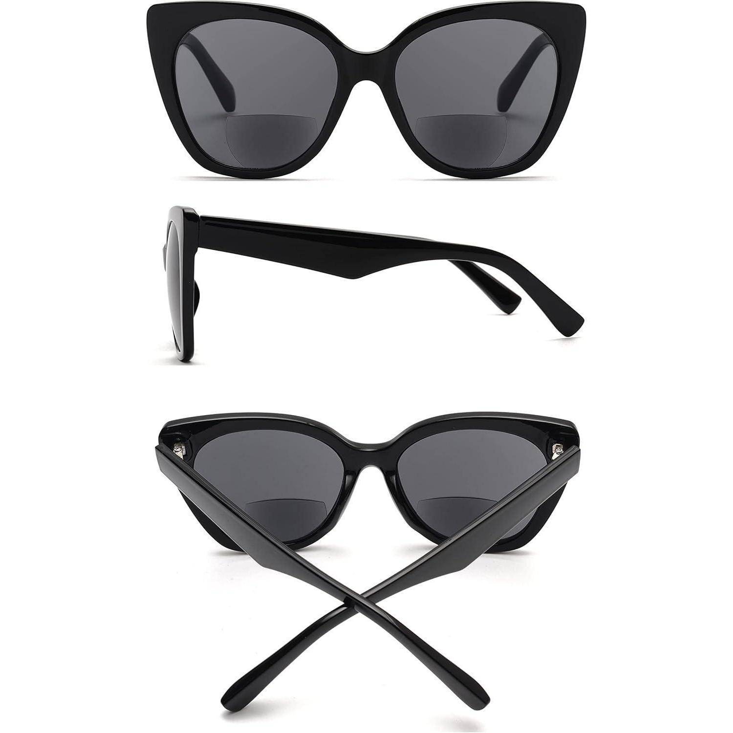 Schwarze Katzenauge-Sonnenbrille in Vorder-, Seiten- und zusammengeklappter Ansicht auf weißem Hintergrund.