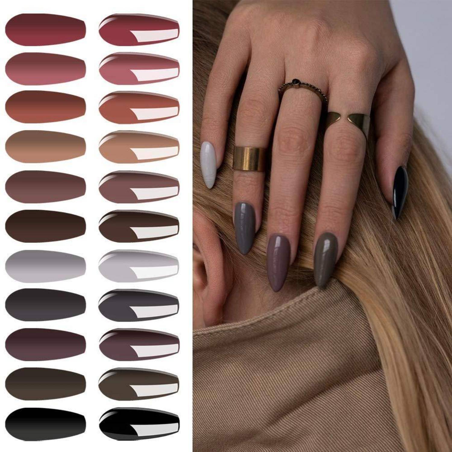 Farbmusterdiagramm mit paarweise angeordneten lippenstiftähnlichen Ovals neben einer Hand, die passende lange maniküerte Nägel in gedeckten Grau-, Mauve-, Braun- und Schwarztönen zeigt.