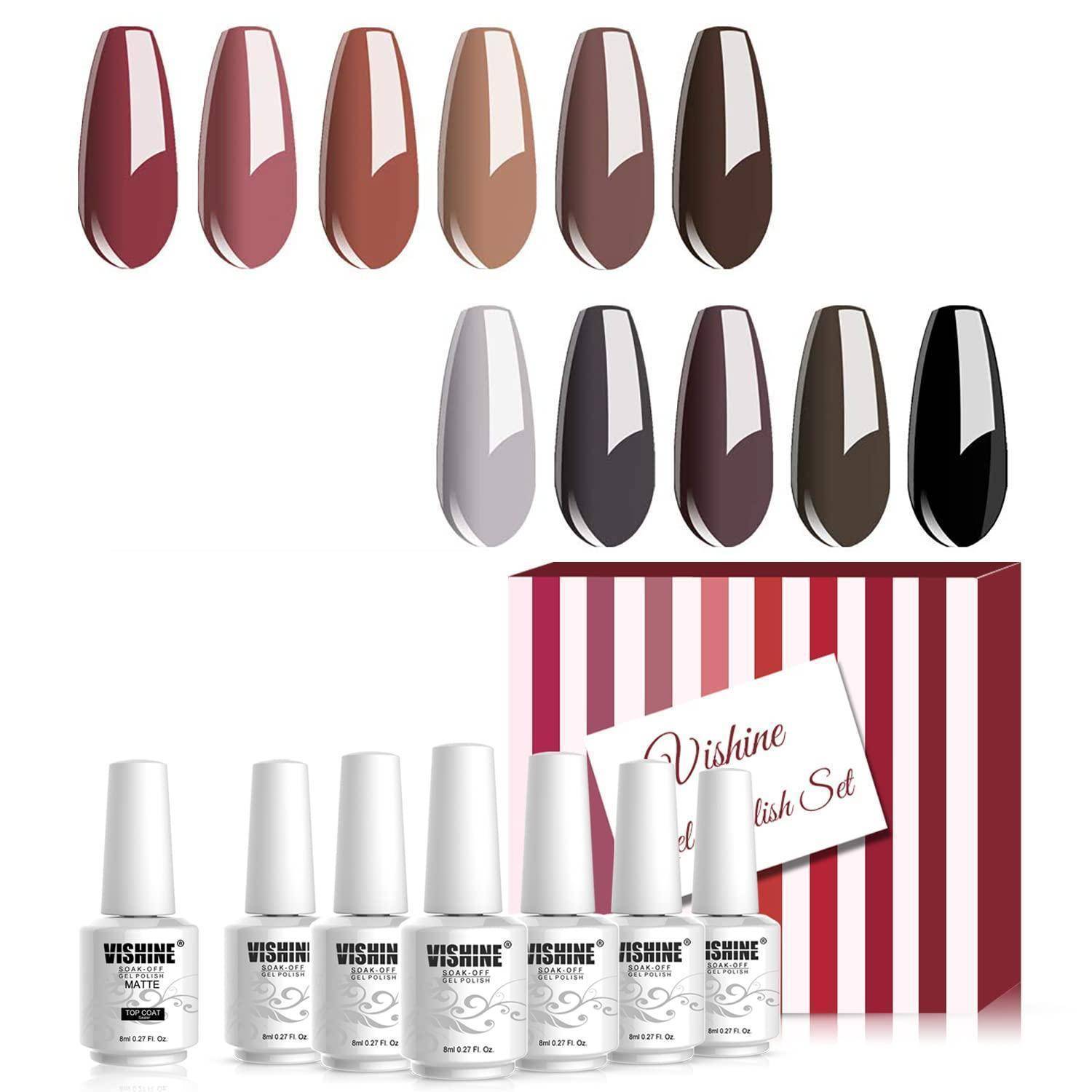 Vishine Gel-Nagellack-Set mit 10 Farbmustern oben, mehreren weißen Flaschen darunter und einer rot-weiß gestreiften Geschenkbox mit der Aufschrift „Vishine Gel Polish Set