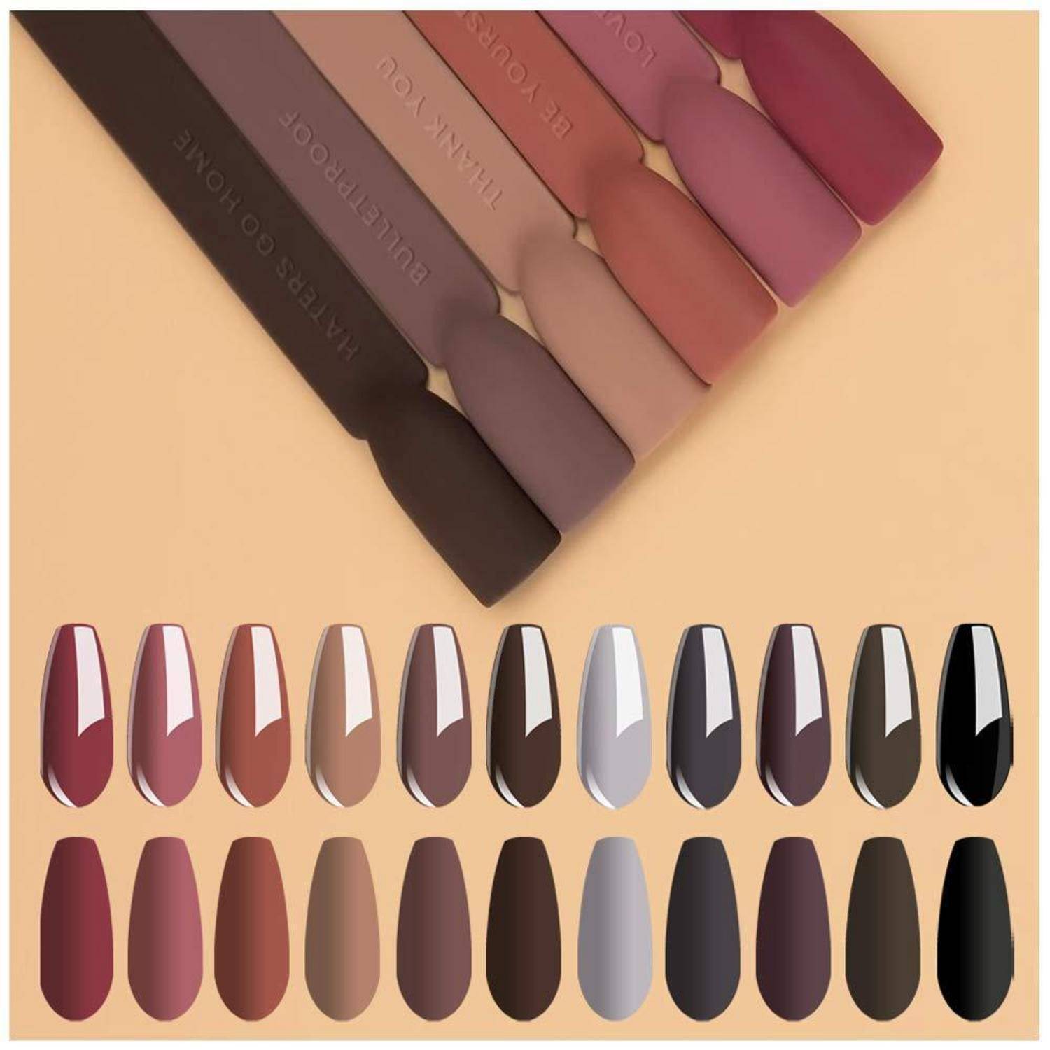 Nagellack-Farbkarte mit zwei Reihen von Maniküre-Farbmustern, die von Burgunderrot und Nude bis zu Grau, Braun und Schwarz auf beigem Hintergrund reichen.