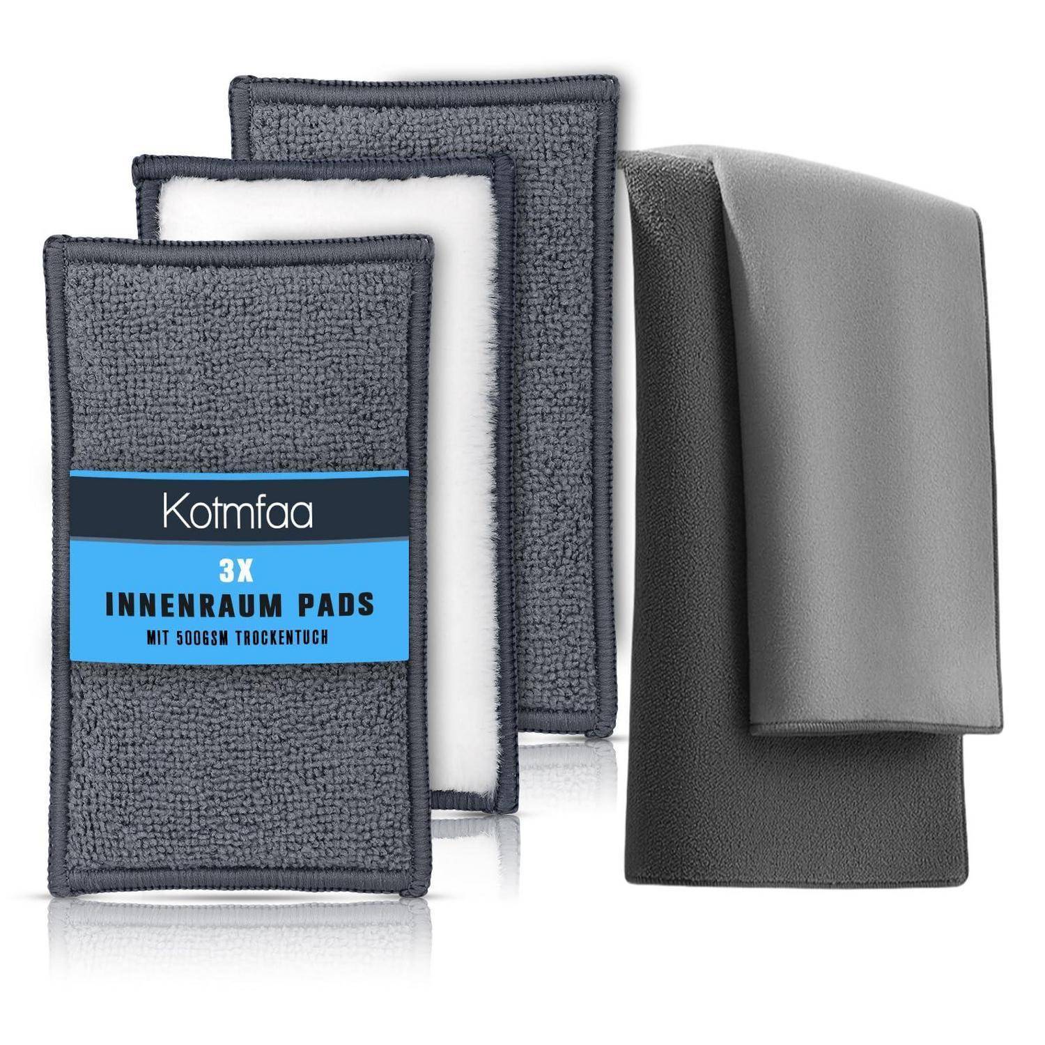 Drei gefaltete graue Mikrofaser-Reinigungstücher, ein Paket mit der Bezeichnung „Kotmfaa 3X Innenraum Pads mit 500gsm Trockentuch