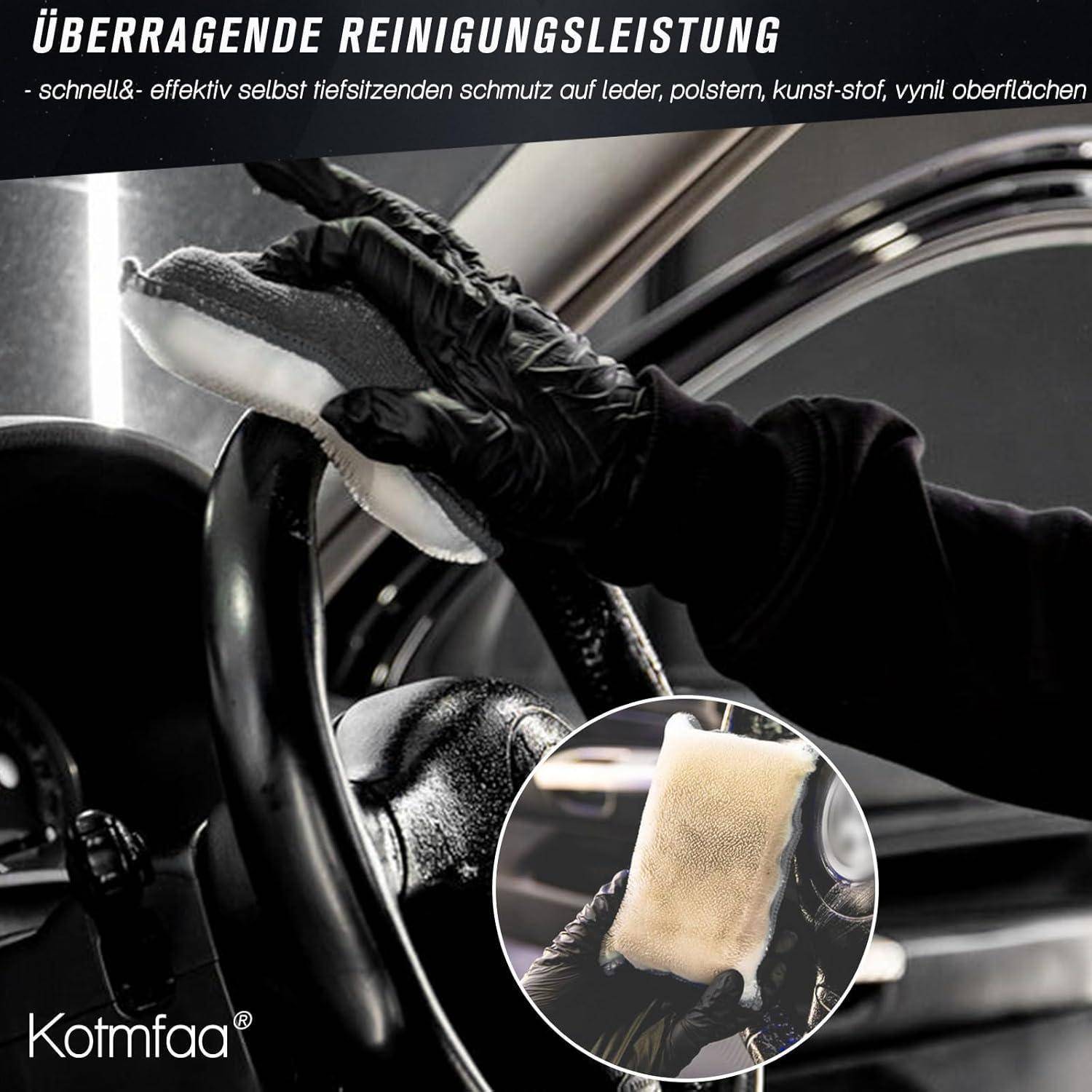 Behandschuhte Hand reinigt ein Autolenkrad mit einem Schwamm, mit deutschem Text, der „überragende Reinigungsleistung