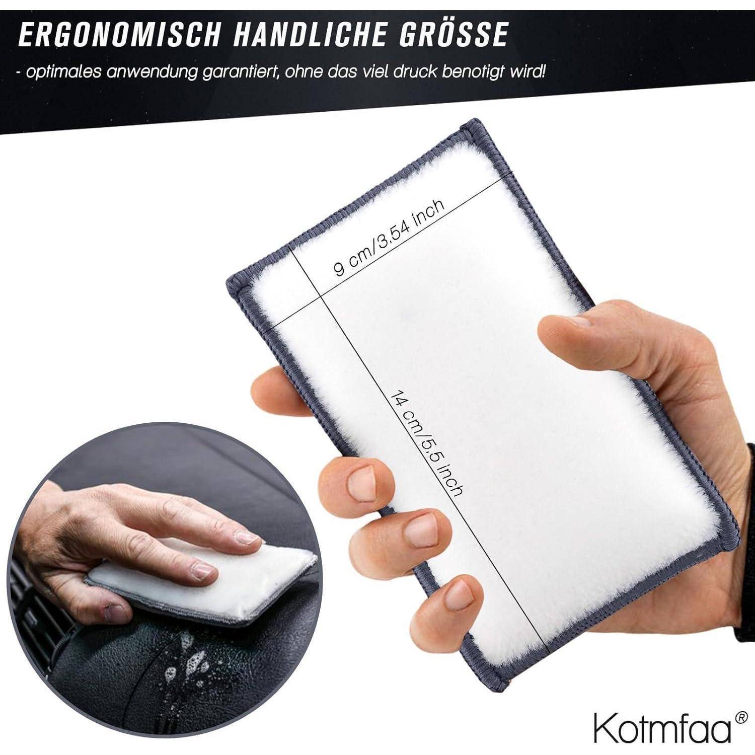 Tragbares rechteckiges Reinigungstuch in einer Hand gezeigt, beschriftet mit 9 cm mal 14 cm; die Vergrößerung zeigt, wie es eine verschmutzte Oberfläche abwischt.