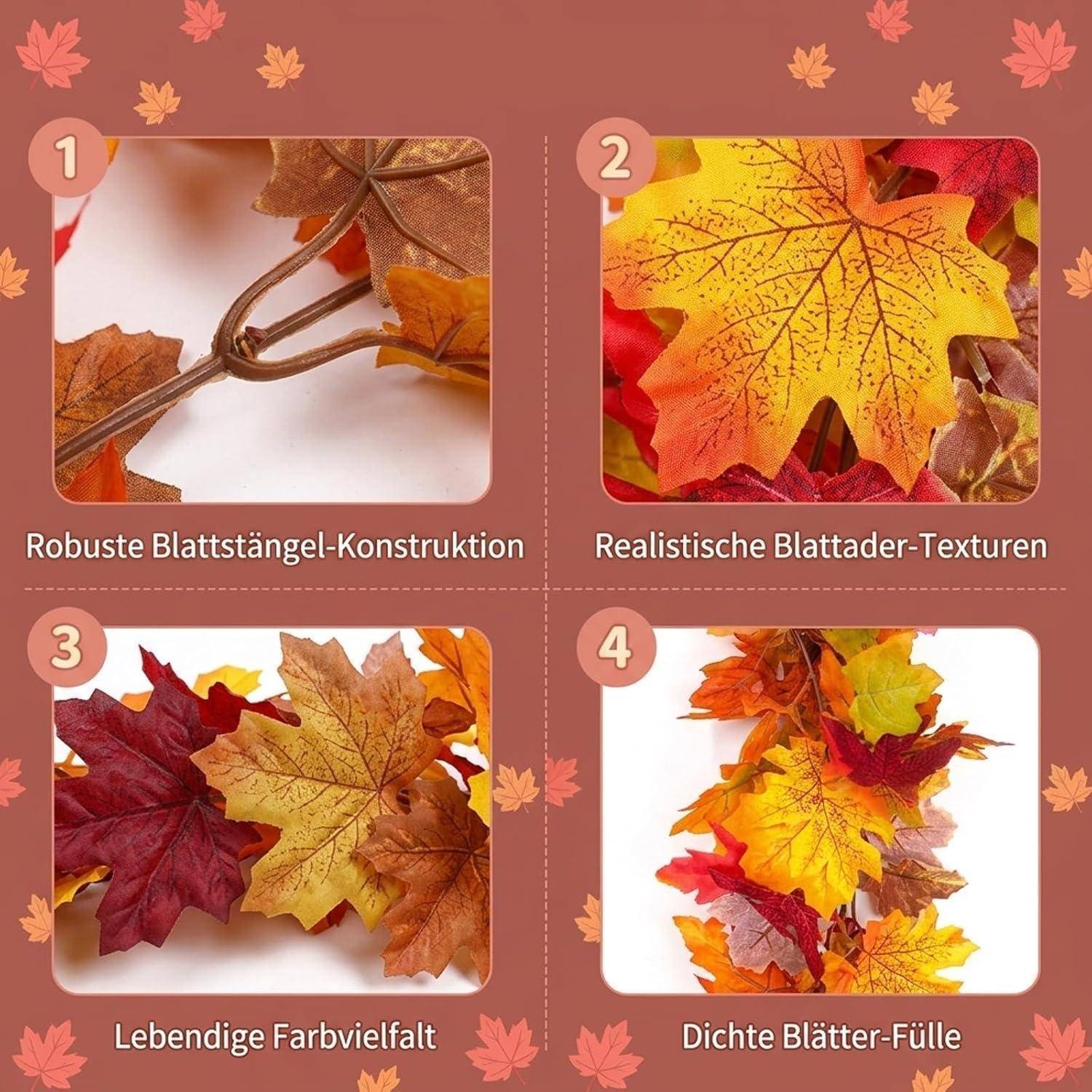 Werbegrafiк, die künstliche Herbstblätter mit vier nummerierten Nahaufnahmen zeigt: robuste Stammkonstruktion, realistische Blatttextur, lebendige Farbvielfalt und dichtes Blattvolumen.