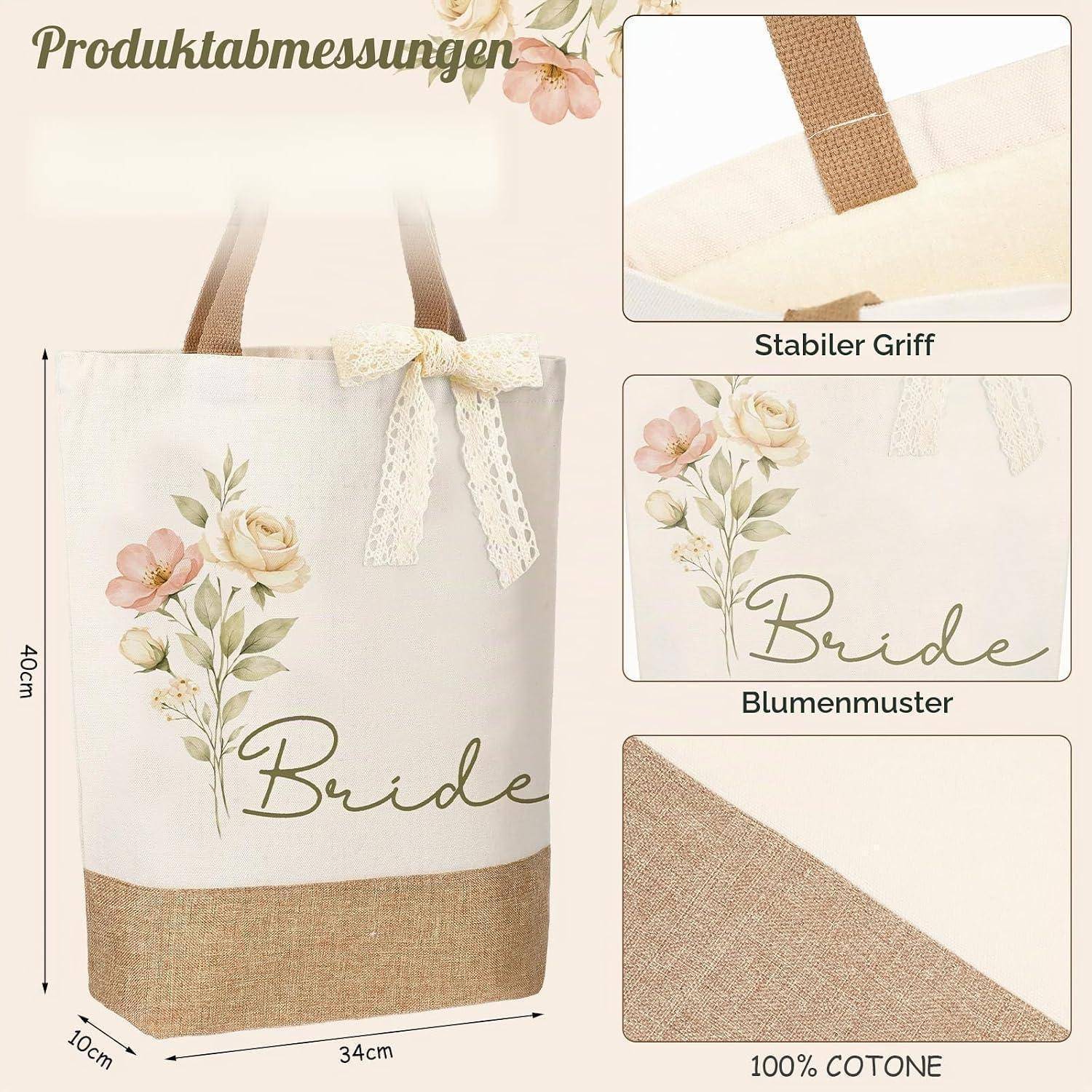Produktmessungs-Bild einer weißen Tragetasche mit floralem „Bride