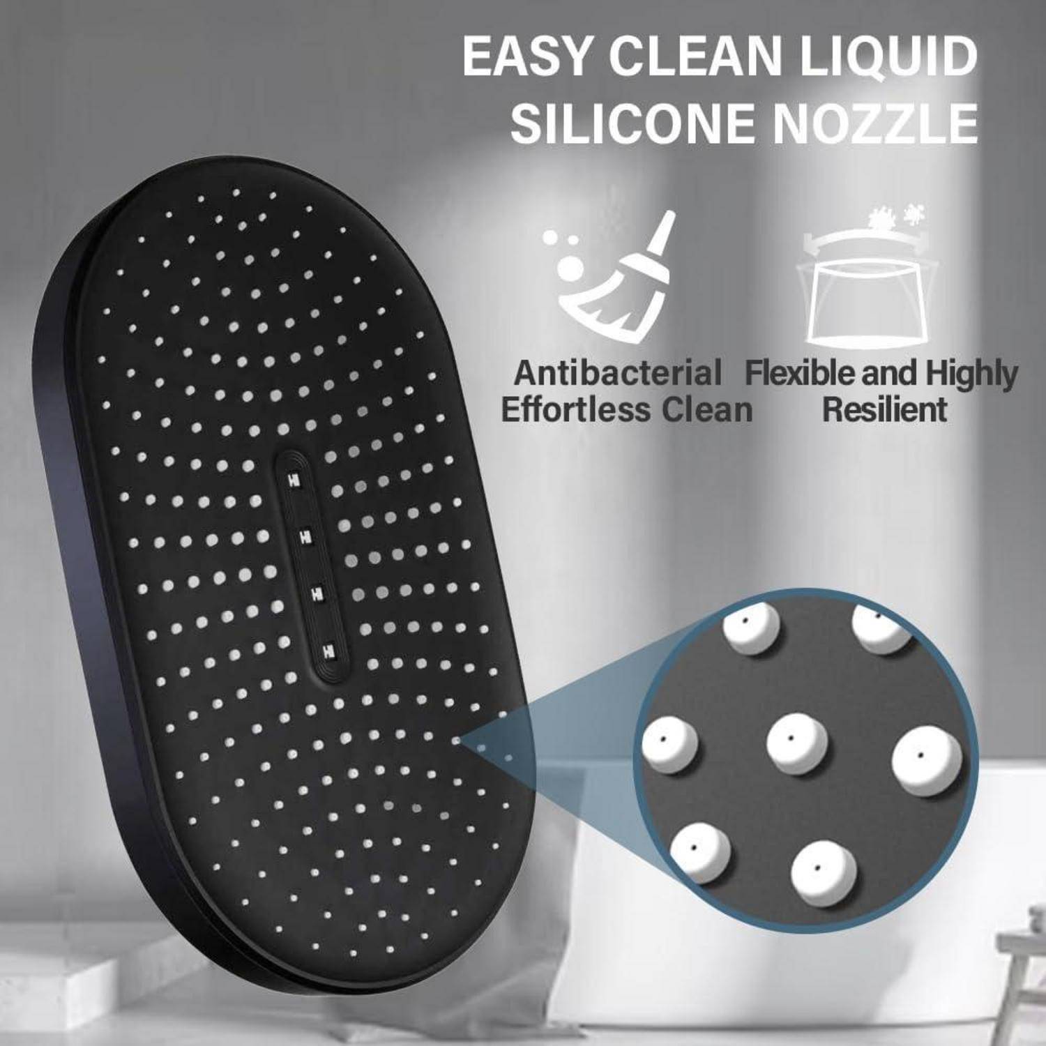 Schwarze ovale Silikonbürste mit perforierter Oberfläche und Saugnapfkappen, mit der Beschriftung „Easy Clean Liquid Silicone Nozzle