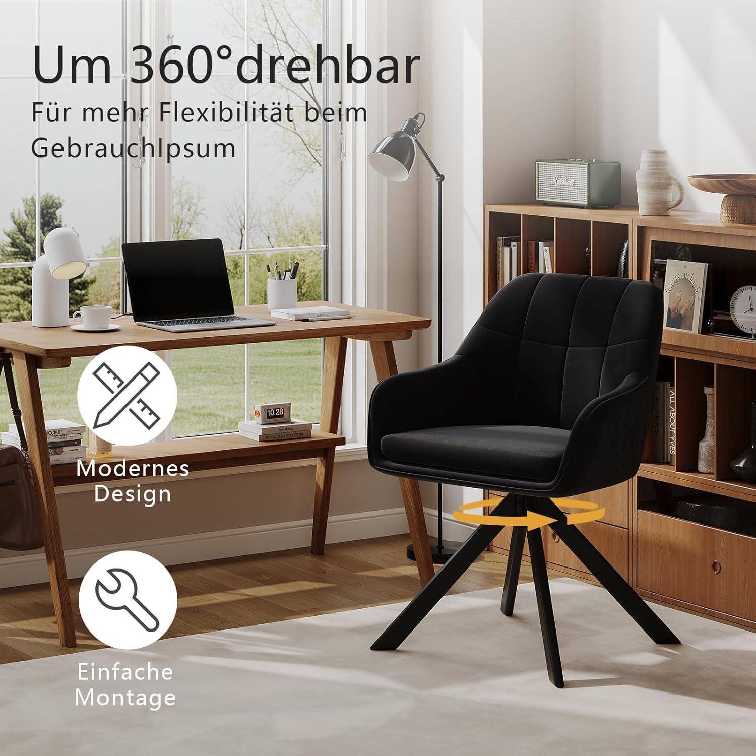 Ein schwarzer Drehsessel als Akzentumstuhl in einem Homeoffice, gezeigt neben einem Schreibtisch und Regal, mit deutschem Text, der 360-Grad-Drehung und einfache Montage bewirbt.