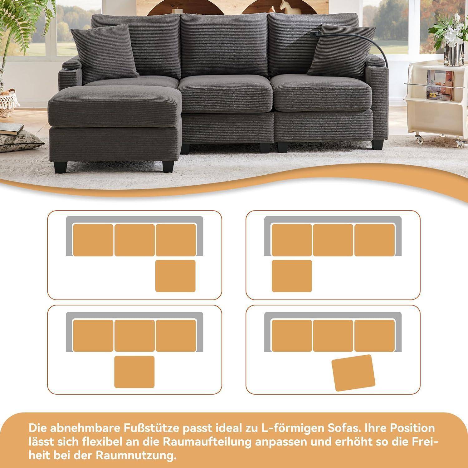 Modulares graues Ecksofa mit beweglichem Hocker; vier Layoutdiagramme zeigen, dass die Fußstütze in verschiedenen L-förmigen Konfigurationen positioniert werden kann.