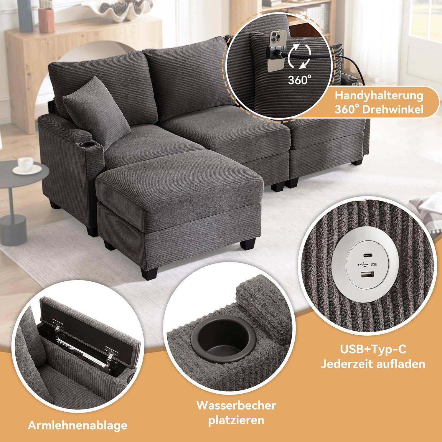 Graues Eck-Sofa mit Chaiselongue, mit 360°-Handy-Halter, Armlehnen-Tablett, Getränkehalter und USB-/Type-C-Ladeanschlüssen.