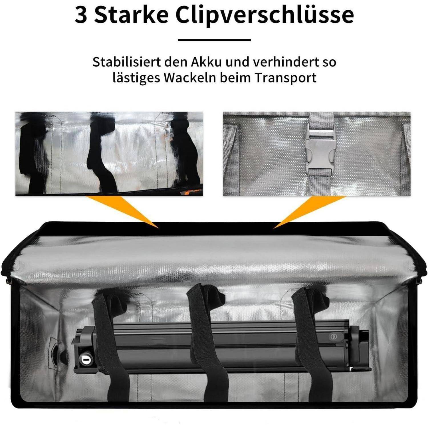 Diagramm, das 3 starke Klett-Verschlüsse zeigt, die eine Batterie während des Transports stabilisieren und verhindern, dass sie wackelt.