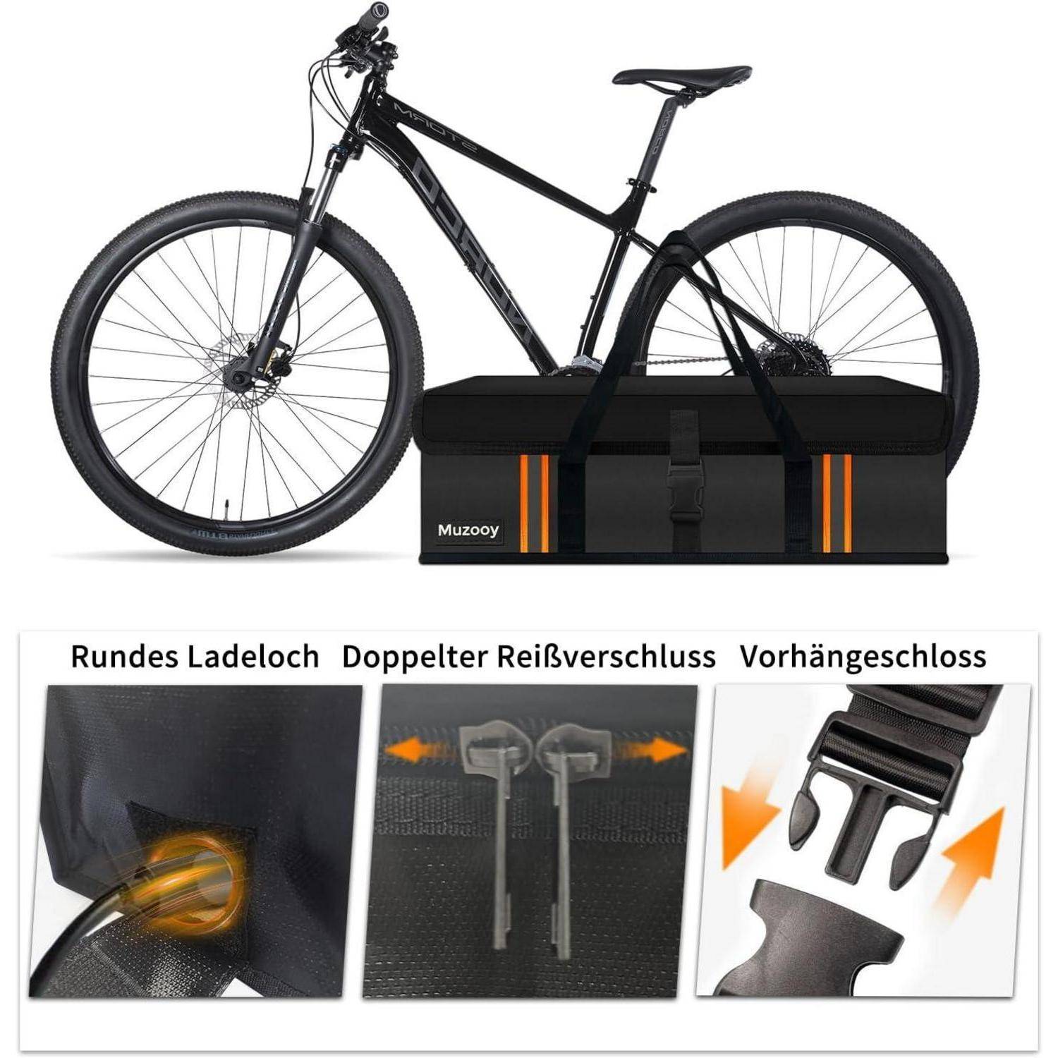 Schwarzes Fahrrad mit einer rechteckigen Fahrradvertasche; Detailaufnahmen zeigen ein rundes Zugangsoch, doppelte Reißverschlüsse und einen Schnallenverschluss.