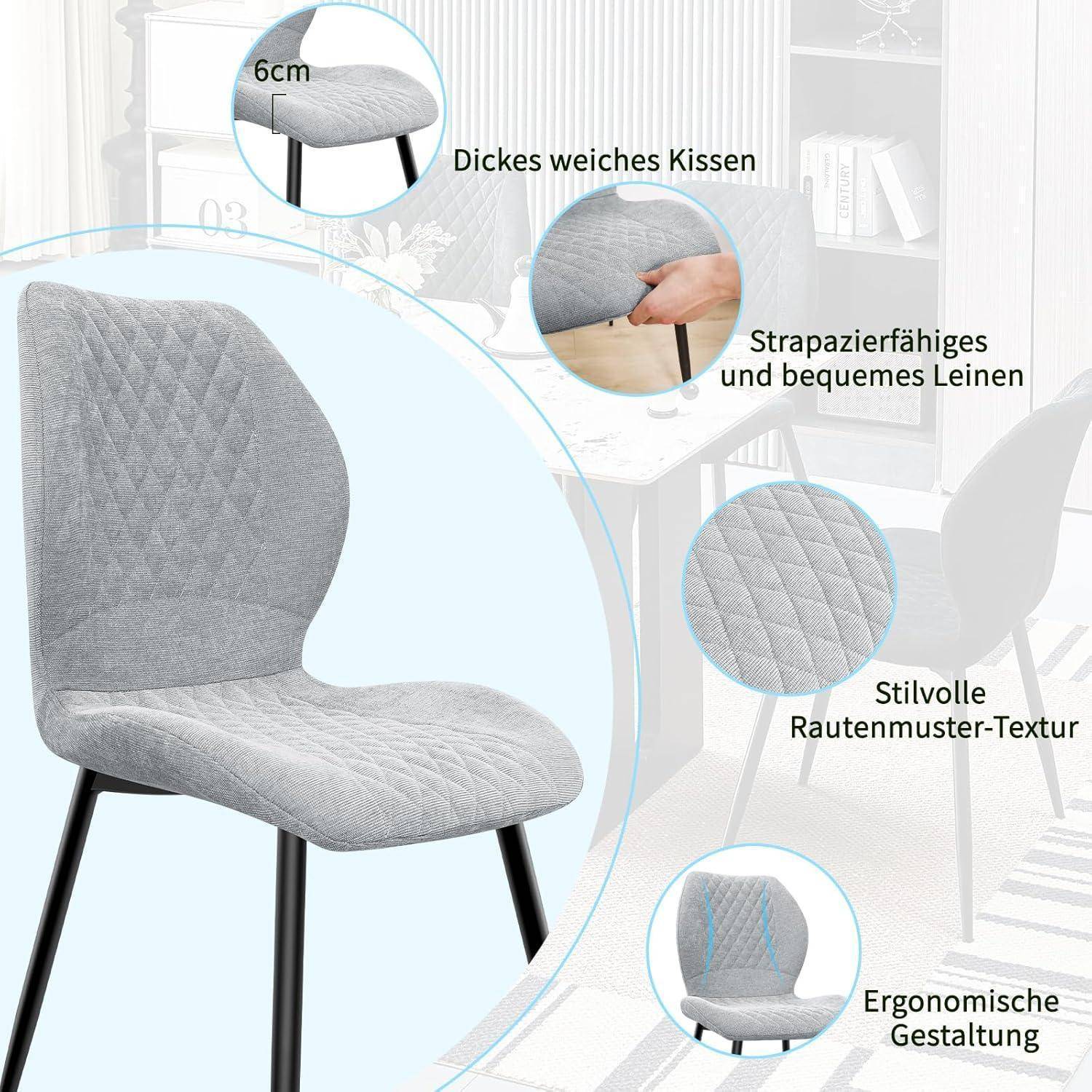 Esszimmerstühle 6er Set, Stühle Esszimmer, Küchenstühle, Wohnzimmer Essstühle, Gepolsterte Stühle, Ergonomisch Gestaltete Leinenstühle für Ess