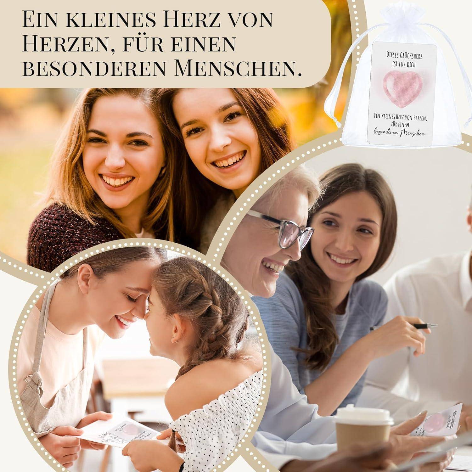 Collage von lächelnden Menschen, die ein kleines Herzgeschenk teilen; deutscher Text besagt „Ein kleines Herz von Herzen, für einen besonderen Menschen.
