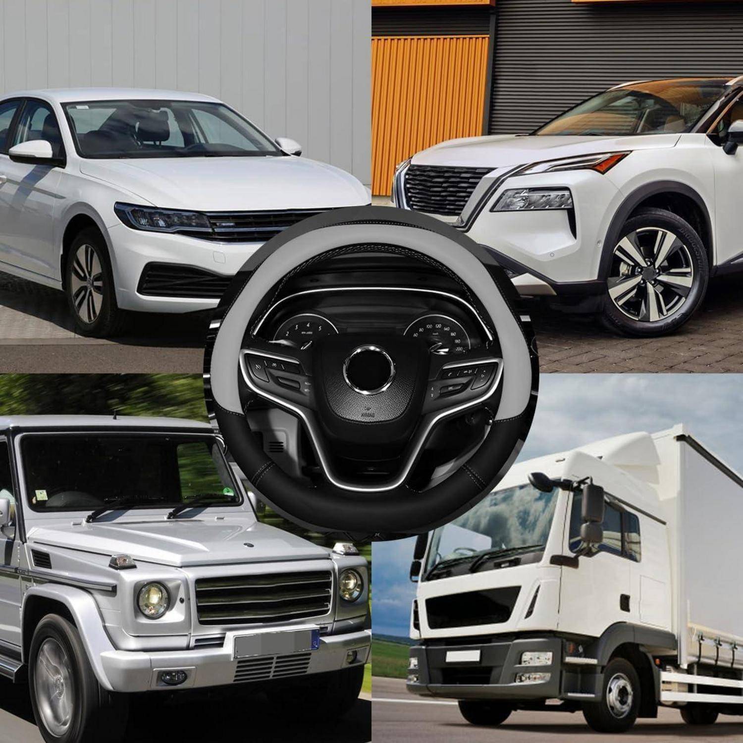 Collage aus vier weißen Fahrzeugen – zwei SUVs, ein kastenförmiges Gelände-SUV und ein weißer Kabinen-Lkw – um ein großes Auto-Lenkrad in der Mitte.