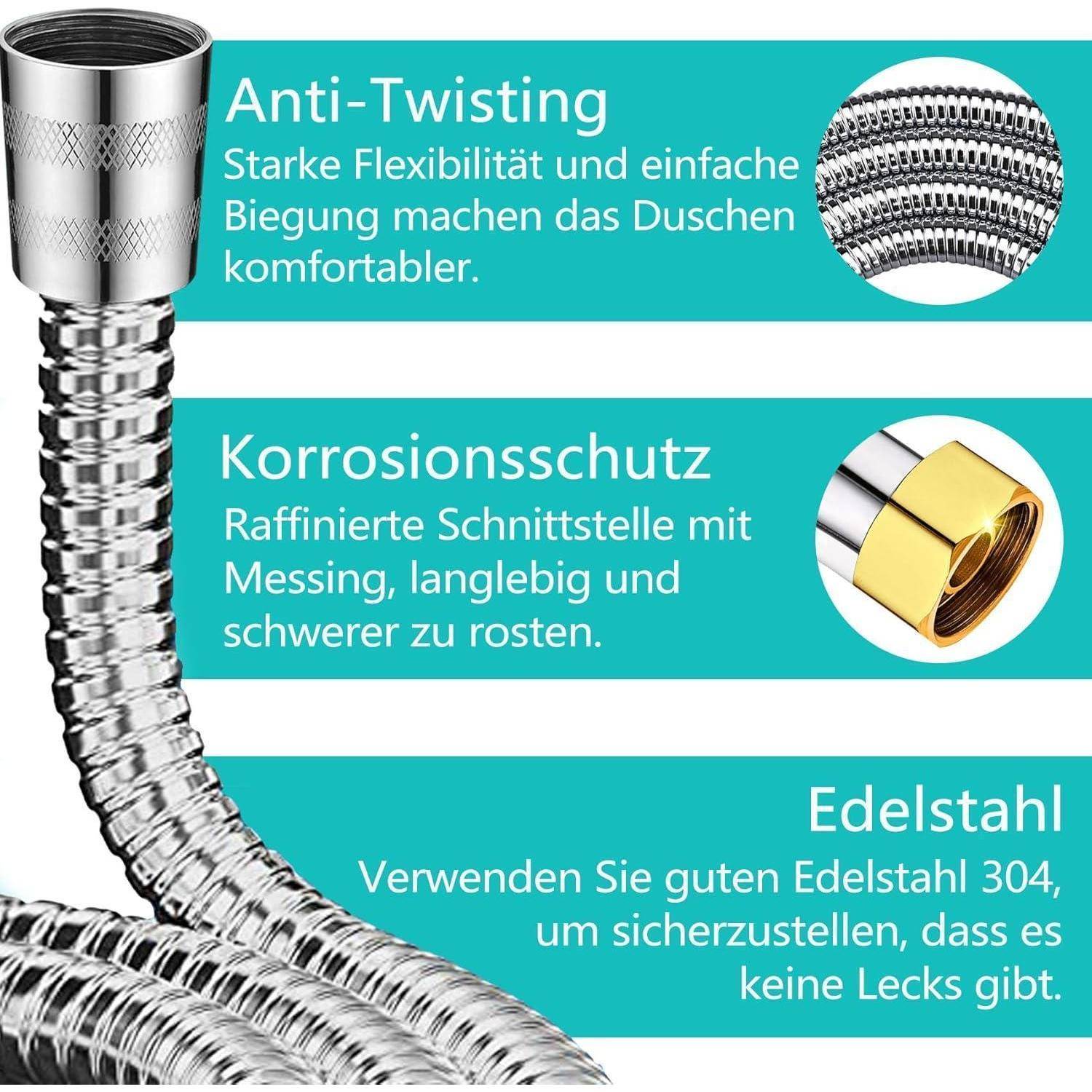 Premium Duschschlauch, 1.5m, Silber, Edelstahl, Duschkopfanschluss, Anti-Twisting, Korrosionsschutz, 2 cm Durchmesser, 5 bar Druck, 2 mm Wandstärke