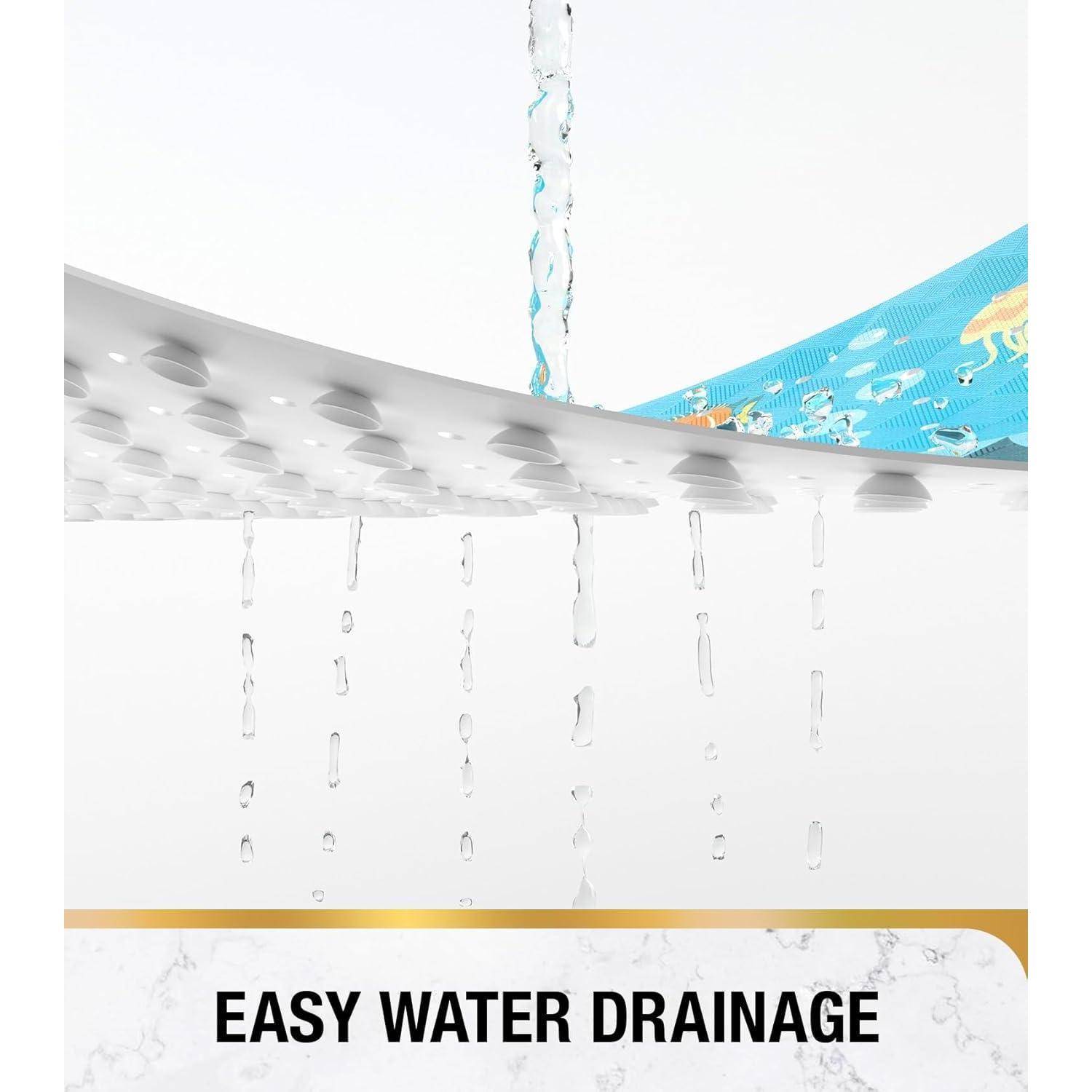 Werbegrafik, die einen Duschkopf zeigt, aus dem Wasser abfließt, mit dem Text „EINFACHE WASSERABLEITUNG