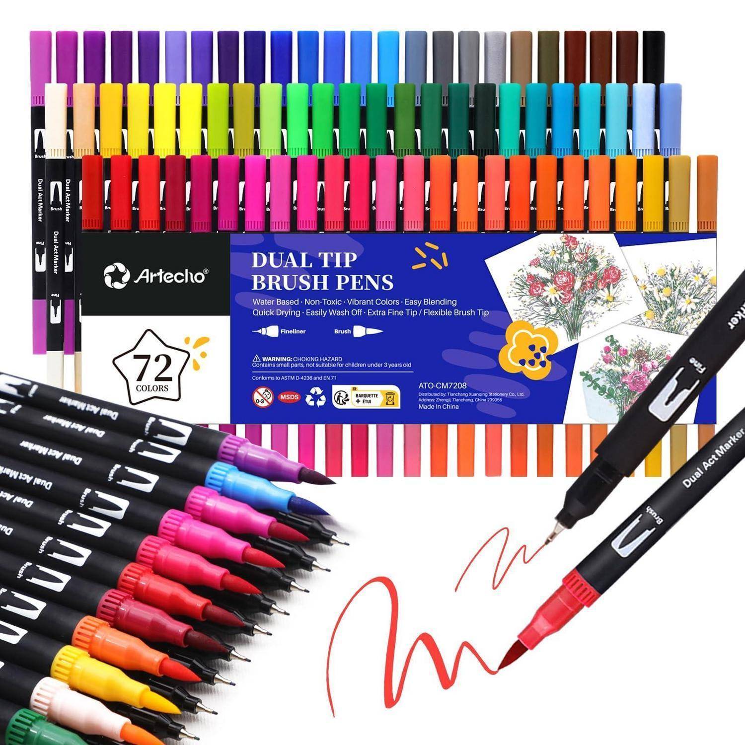 Artecho Dual Brush Pen Set 72 Farben, Fineliner Set, Filzstifte Dicke und Dünne, Pinselstifte set, Stifte für Bullet journal, Kalligraphie, Manga,