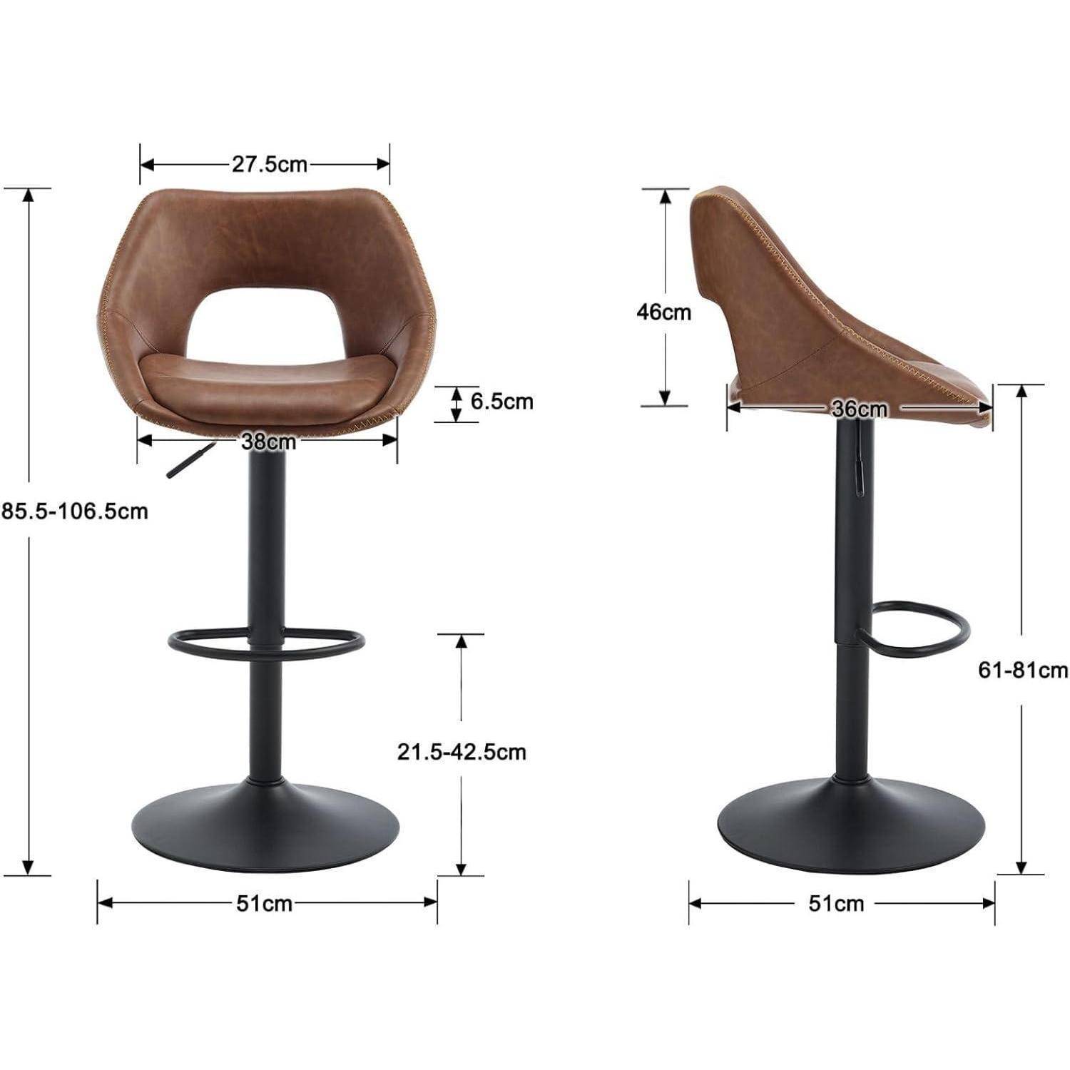 Zwei-Ansichten-Produktdiagramm eines braunen drehbaren Barocker mit schwarzem Sockel, mit Abmessungen: Sitzfläche 38 cm breit, Rückenlehne 46 cm hoch, Sockel 51 cm breit, verstellbare Höhe 85,5-106,5 cm.