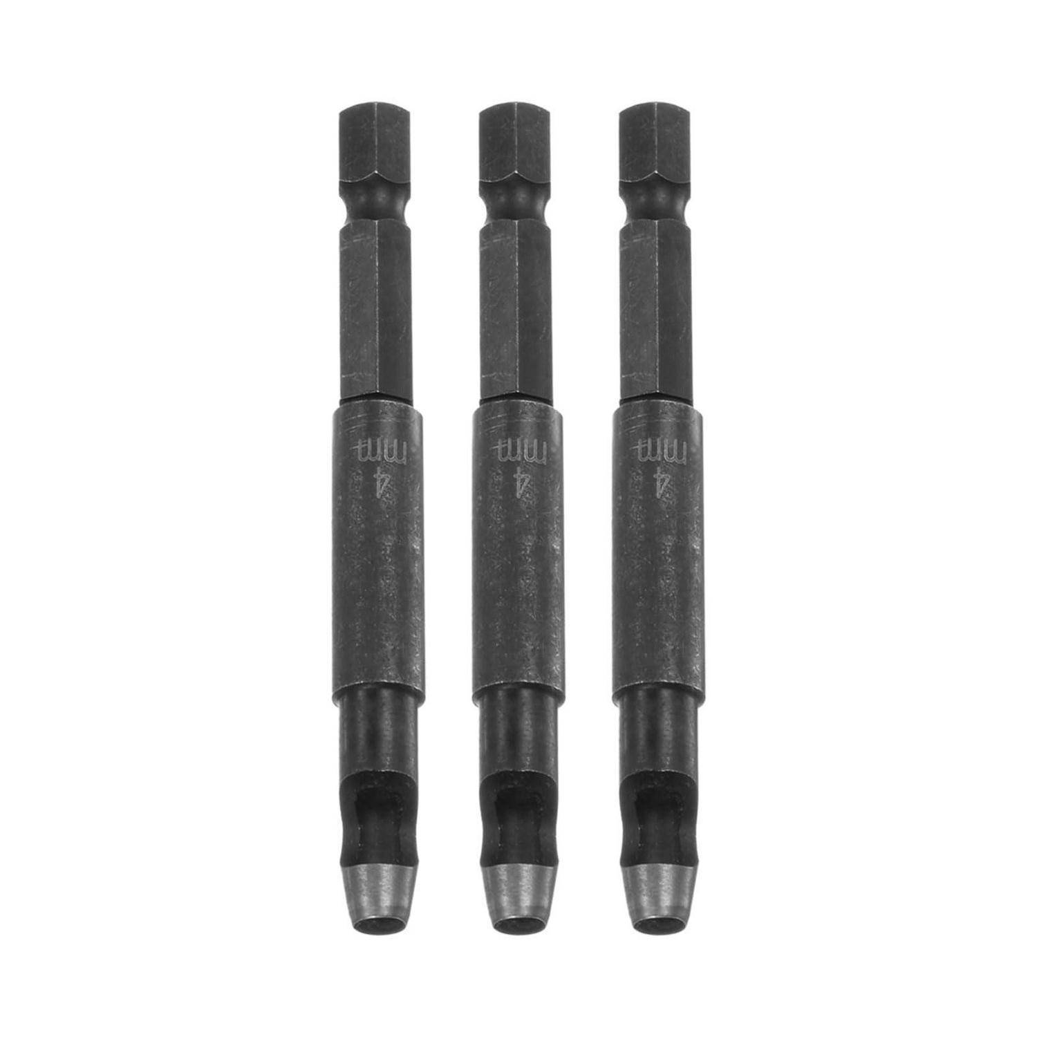 Drei schwarze 4-mm-Antriebsbits oder Steckadapter, die vertikal auf weißem Hintergrund angezeigt werden.