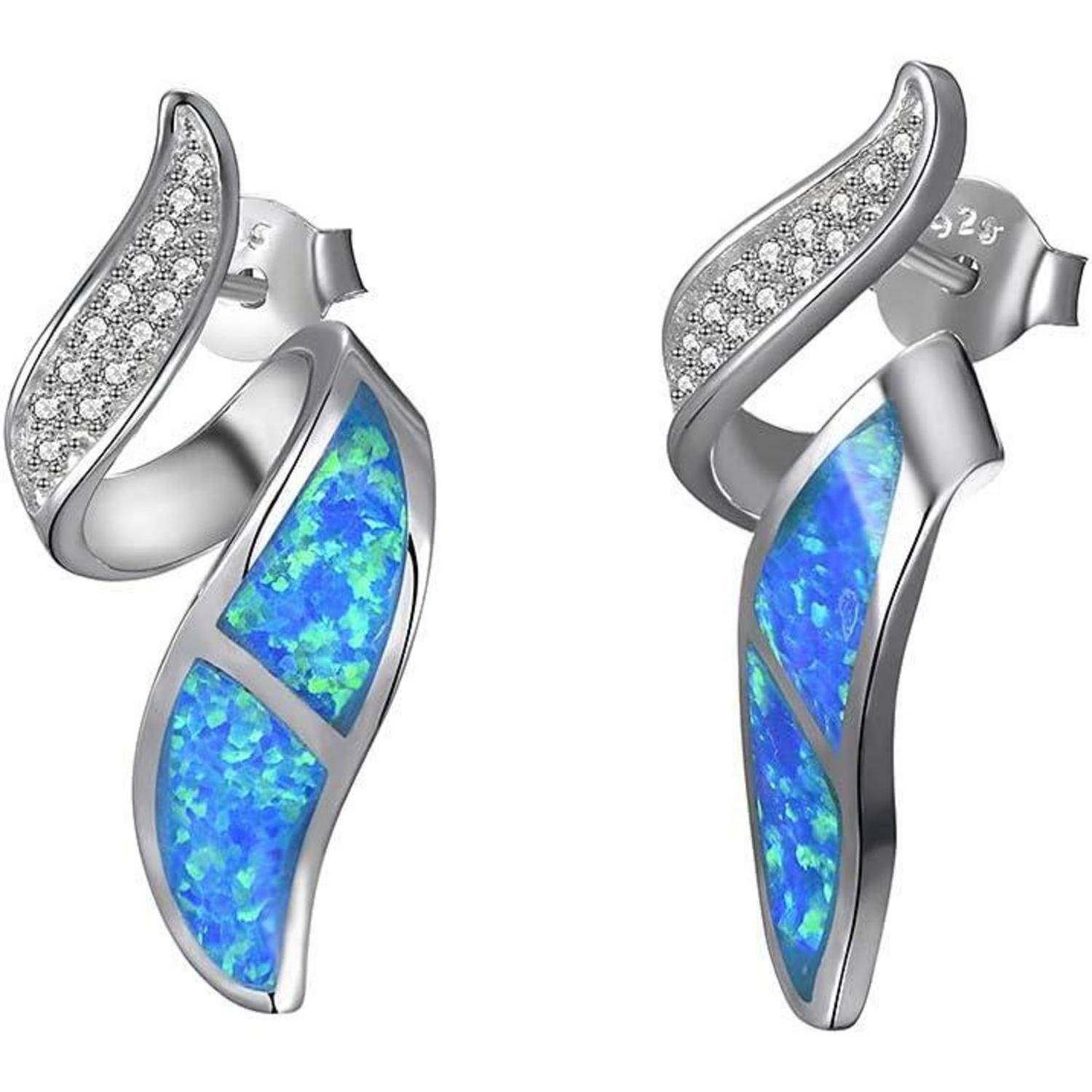 Silberne Tropfenohrringe mit blauen Opaleinlagen und kleinen klaren Edelsteinen im gekrümmten oberen Bereich.