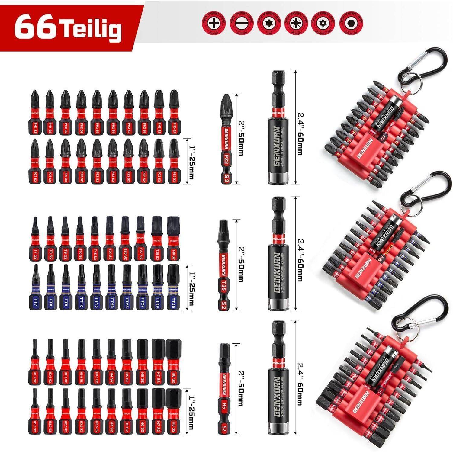 Bild eines 66-teiligen Schraubendrehersatzes mit mehreren Bitgrößen und Steckadaptern sowie drei organisierten roten Tragekoffer mit Karabinerhaken.