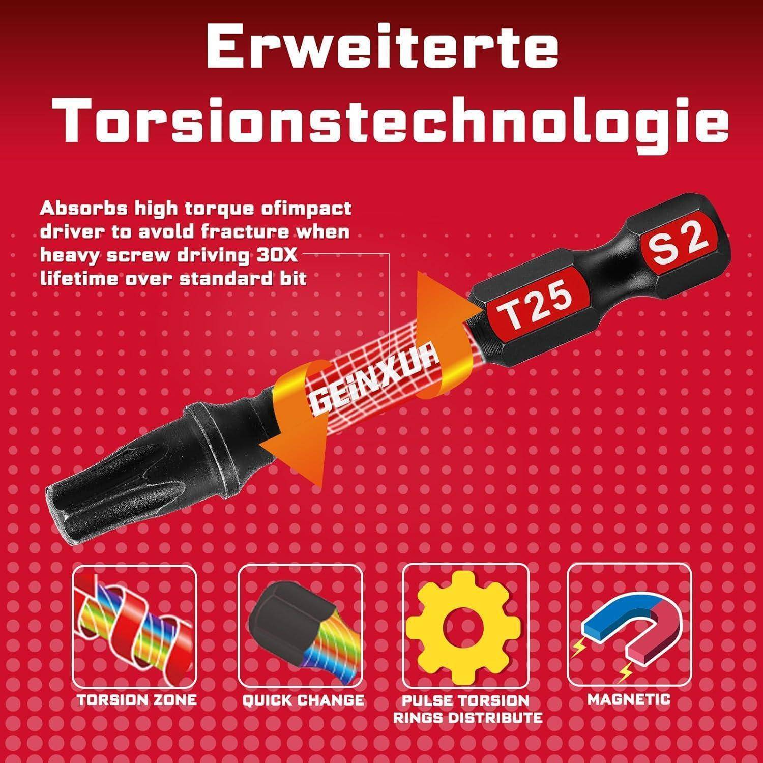 Rote Infografik für einen Schraubendreher-Aufsatz mit „Erweiterte Torsionstechnologie