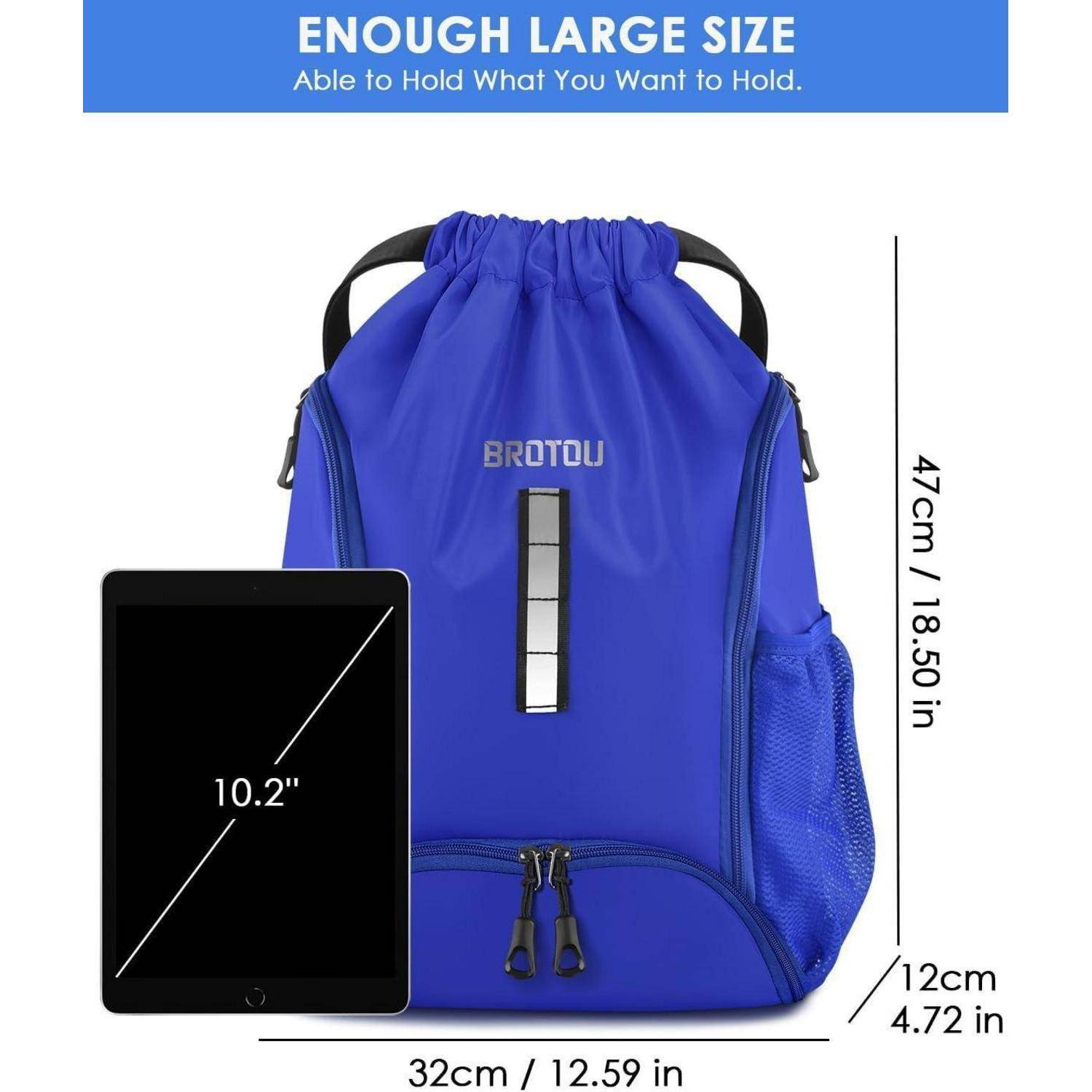 Blauer Rucksack mit Kordelzug mit der Bezeichnung „BROTOU", dargestellt mit Größenangaben: 47 cm hoch, 32 cm breit, 12 cm tief, passt für ein 10,2-Zoll-Tablet.