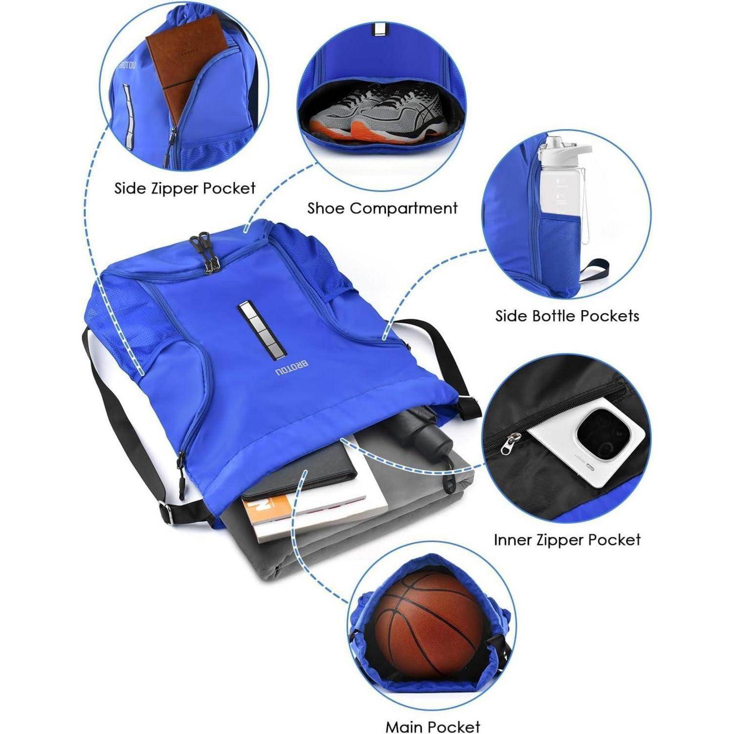 Blauer Rucksack mit Kordelzug und beschrifteten Fächern: Seitentasche mit Reißverschluss, Schuhfach, seitliche Flaschennetztaschen, innere Reißverschlusstasche und Hauptfach.