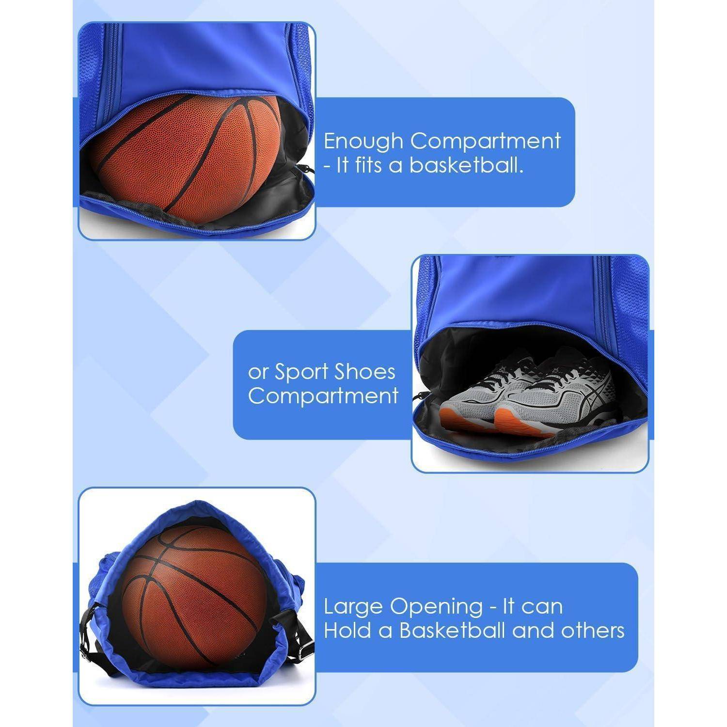 Infografik zeigt eine blaue Tasche mit Fächern, die einen Basketball oder Sportschuhe aufnehmen können, wobei eine große Öffnung hervorgehoben wird, die einen Basketball und andere Gegenstände aufnehmen kann.