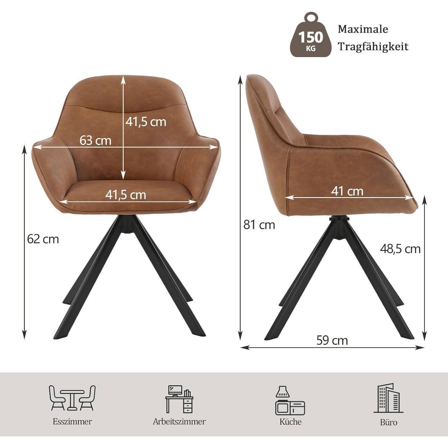 Braun gepolsterter Esszimmerstuhl auf schwarzen Beinen, von vorne und von der Seite mit Abmessungen und maximaler Last von 150 kg dargestellt; geeignet für Esszimmer, Büro, Küche und Arbeitszimmer.