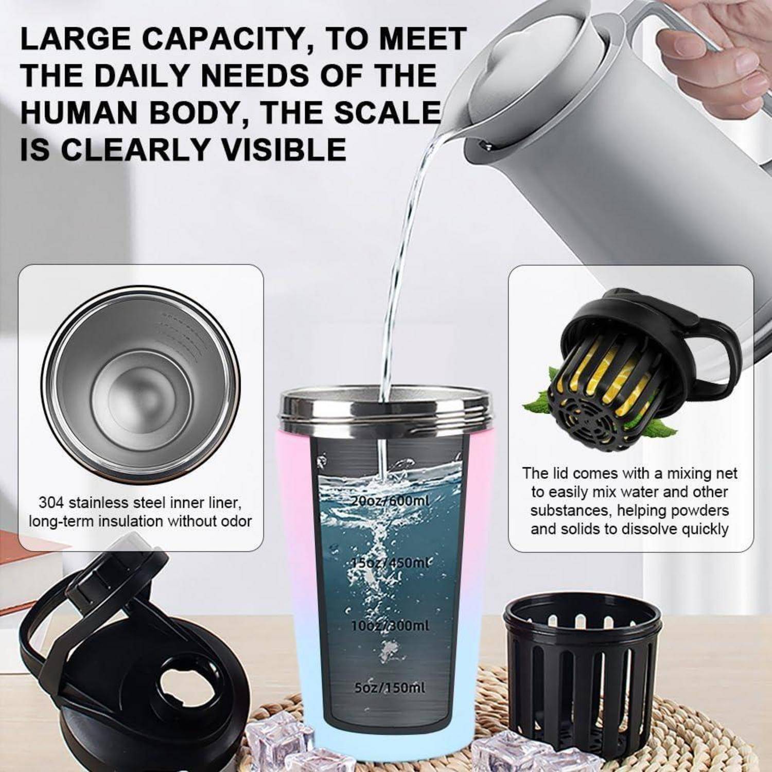 Werbebild einer isolierten Shaker-Flasche mit der Bezeichnung 20oz/600ml, mit ausgeschüttetem Wasser, Messskalen, Edelstahlfutter und Deckel mit Mischsieb.