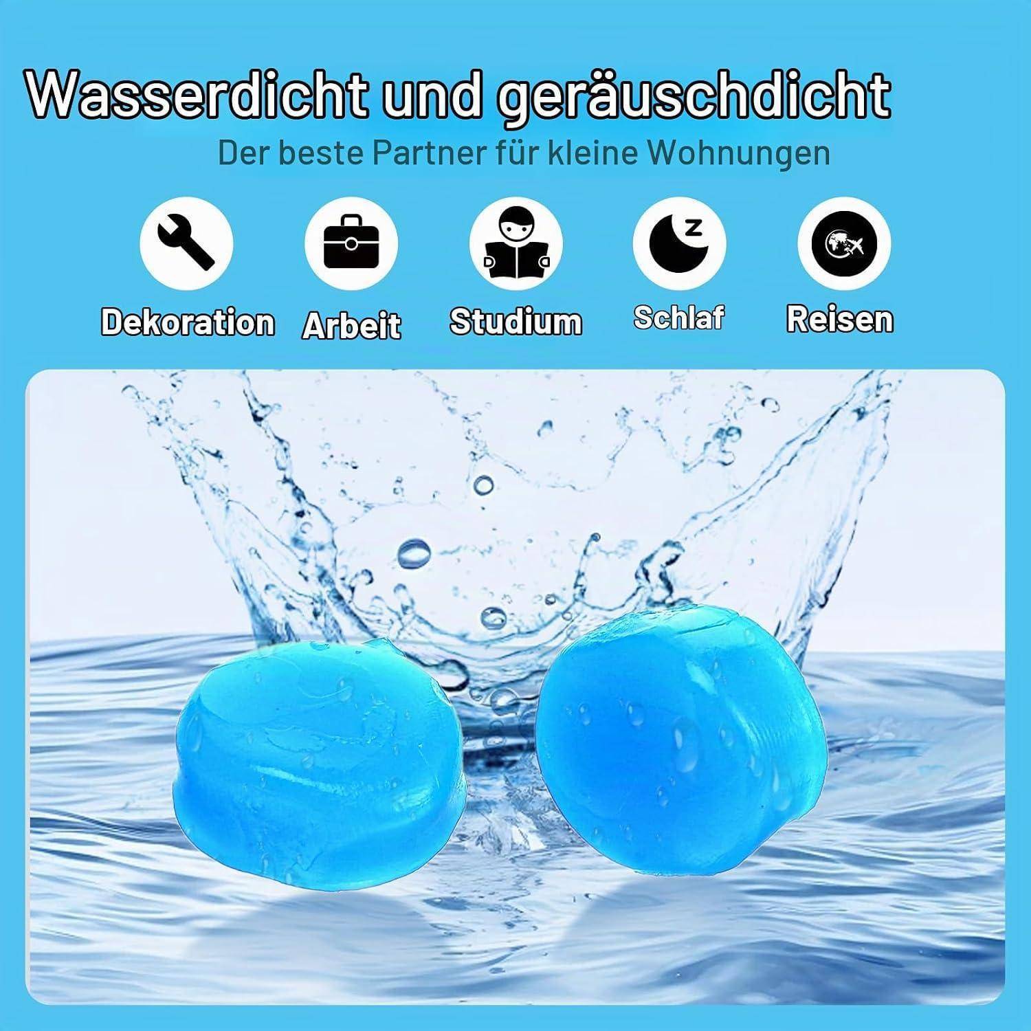 Deutsches Inserat für kleine Wohnungen: Wasserdichtes und schalldichtes Produkt wird beim Spritzen ins Wasser gezeigt, mit Symbolen für Dekoration, Arbeit, Lernen, Schlafen und Reisen.