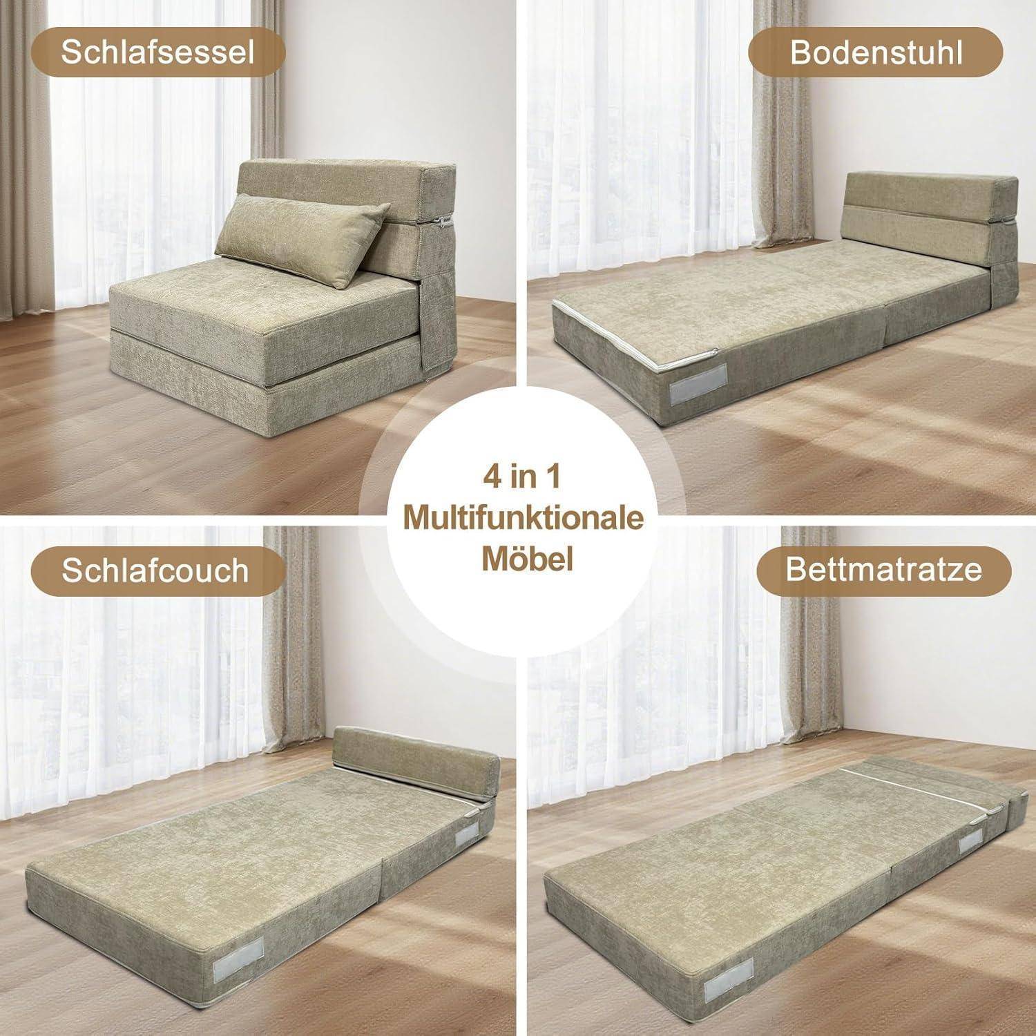 Multifunktionales Möbelstück vier in eins in vier Konfigurationen gezeigt: Sessel, Bodenstuhl, Schlafsofa und Matratze.