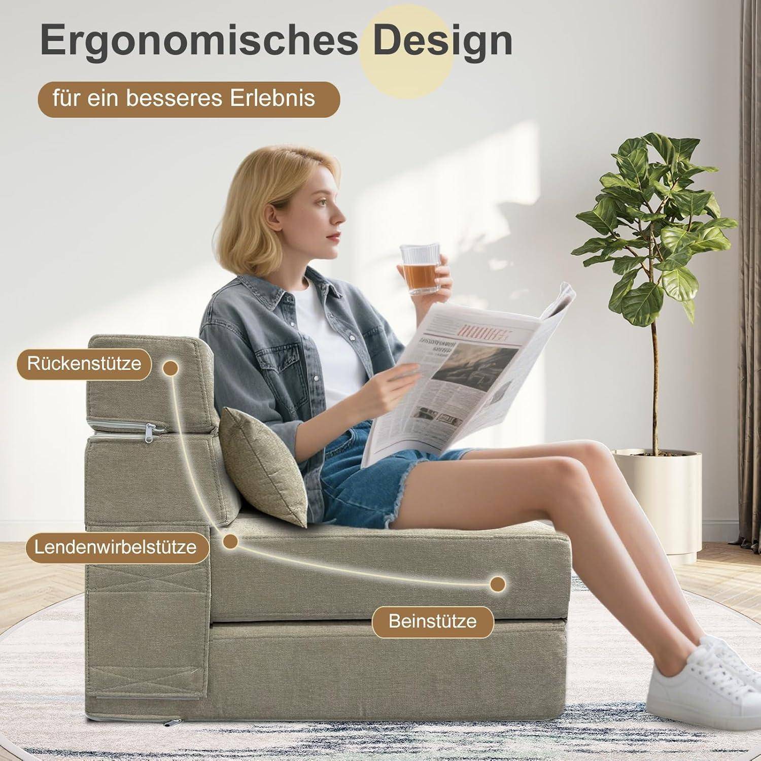 Frau relaxt auf einem ergonomischen Sofasessel mit gekennzeichneter Rücken-, Lenden- und Beinunterstützung; deutscher Text sagt „Ergonomisches Design