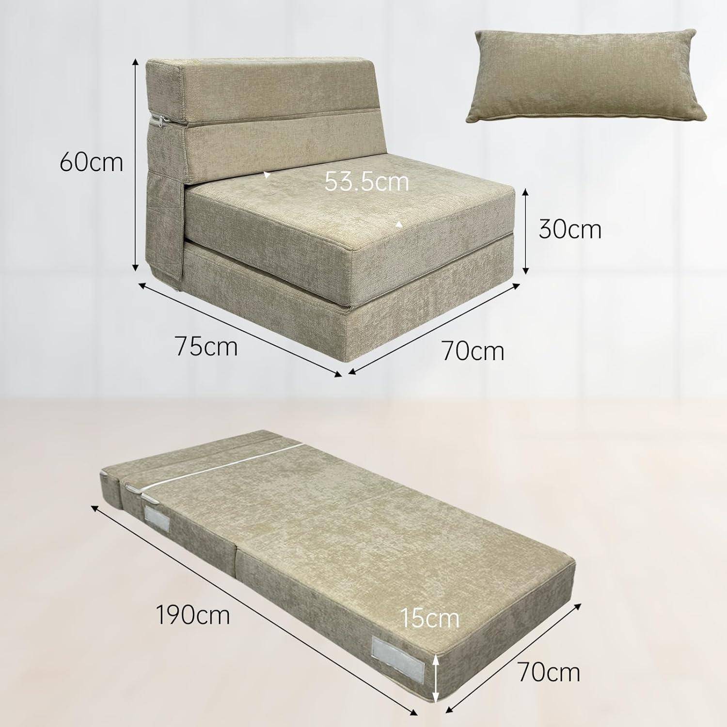 Umwandelbare Schlafcouch, dargestellt in Sessel- und flacher Bettform, mit beschrifteten Abmessungen: Sessel 75 mal 70 mal 60 cm, Sitzfläche 53,5 mal 30 cm, Bett 190 mal 70 mal 15 cm.