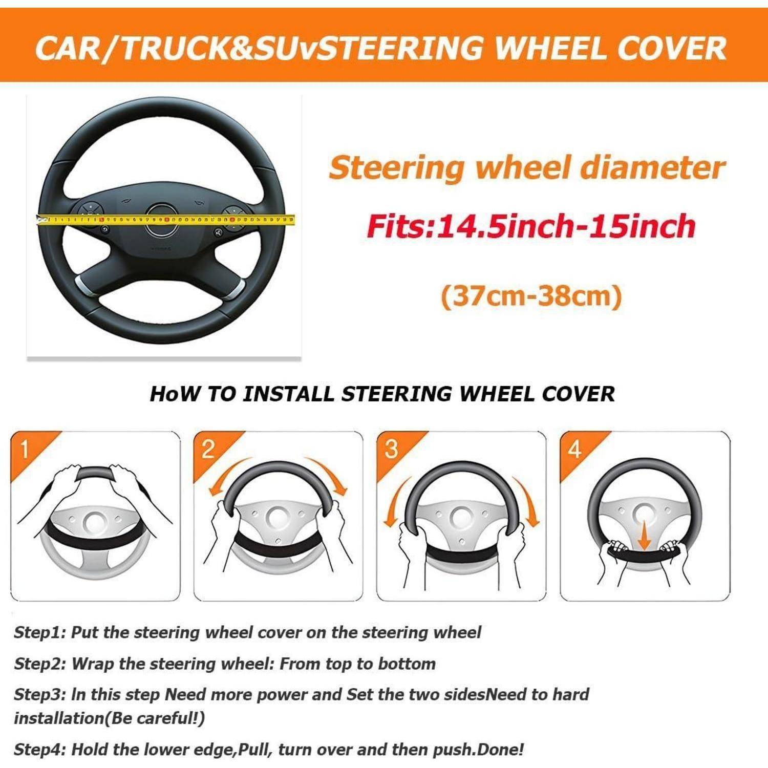 # Lenkradabdeckung – Größen- und Installationsanleitung für Auto-/Lkw-/SUV-Lenkräder, passend für 14,5-15 Zoll (37-38 cm), mit vier Schritt-für-Schritt-Installationsabbildungen.