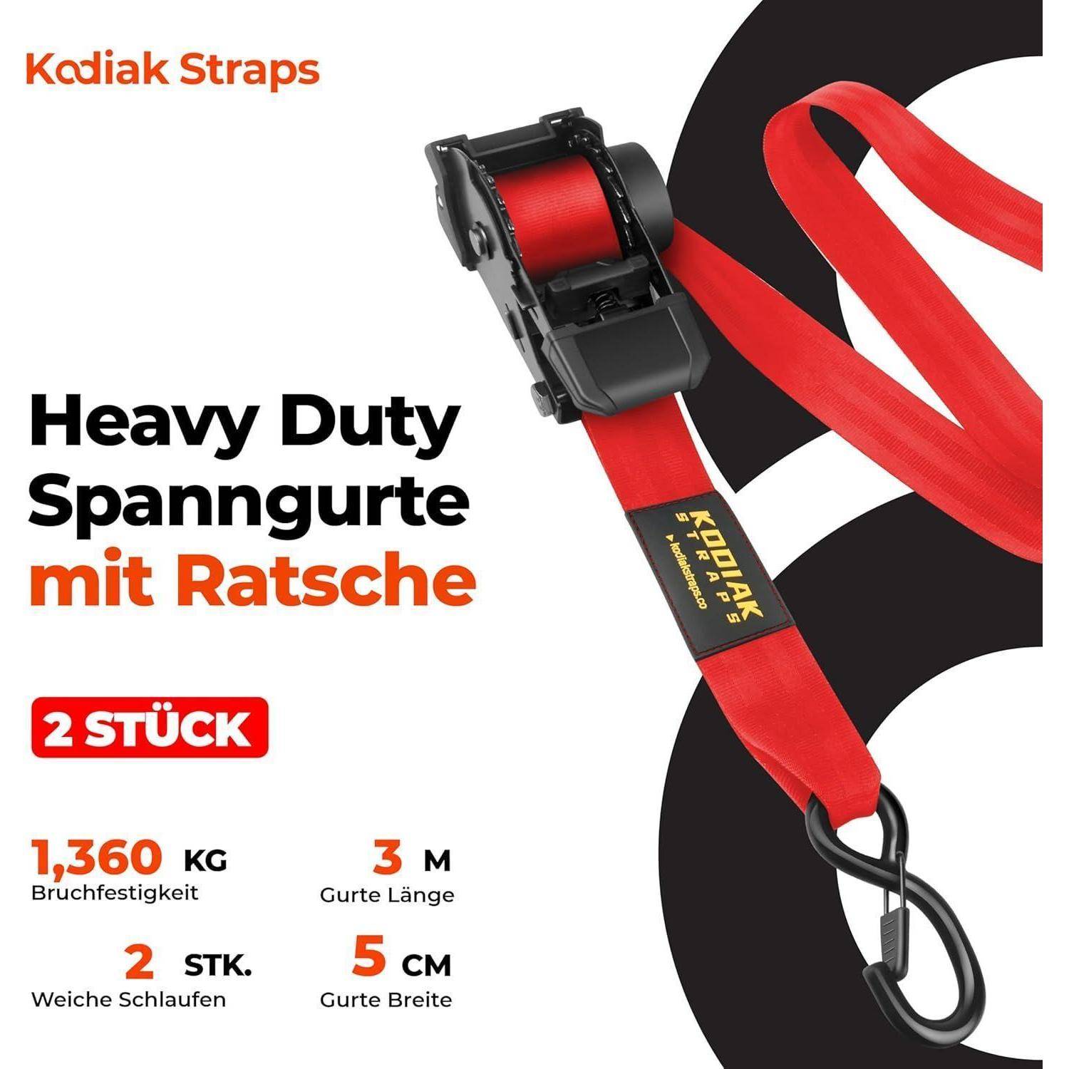 Roter Kodiak Schwerlast-Spanngurt mit Schlaufe und Haken, 2er-Set, 1.360 kg Tragfähigkeit, 3 m Länge, 5 cm Breite.