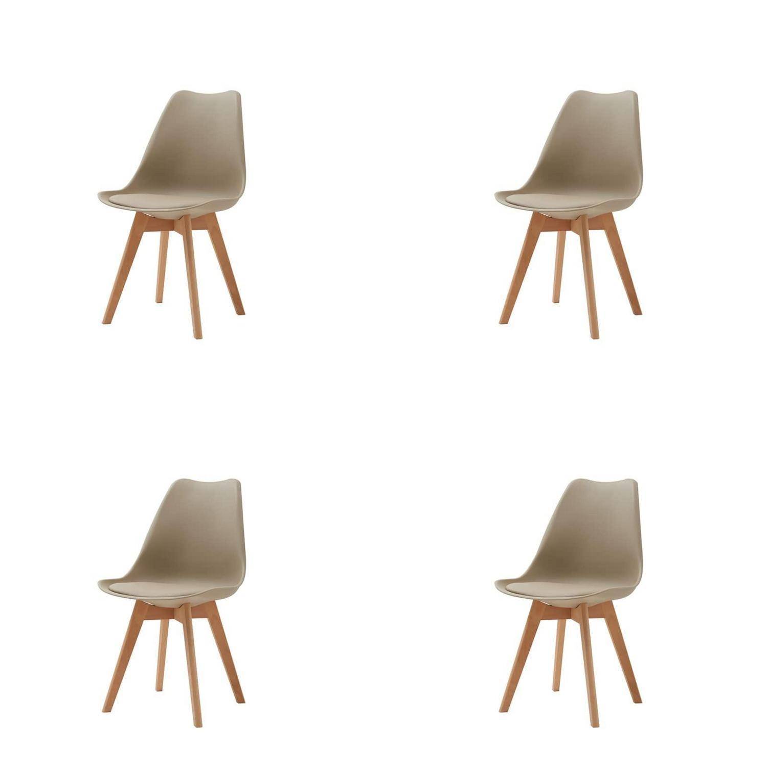 Vier beige geformte Kunststoff-Esszimmerstühle mit Holzbeinen auf weißem Hintergrund in einem 2x2-Layout dargestellt.