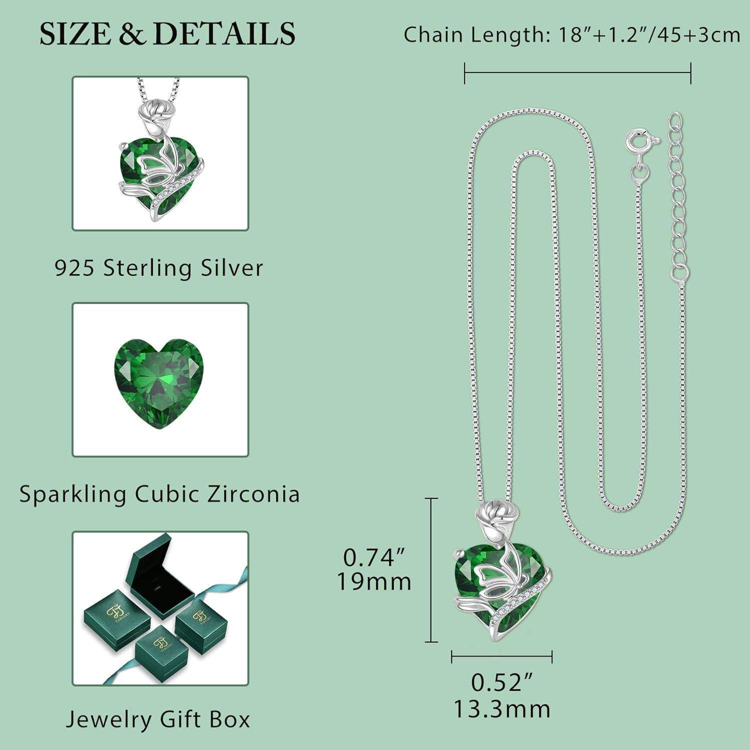 Produktgröße und Materialien Infografik für eine grüne Herz-Anhänger-Halskette: 925er Sterlingsilber mit funkelndem Zirkonia, Kettenlänge 18'+1,2'/45+3cm, Anhänger 0,74
