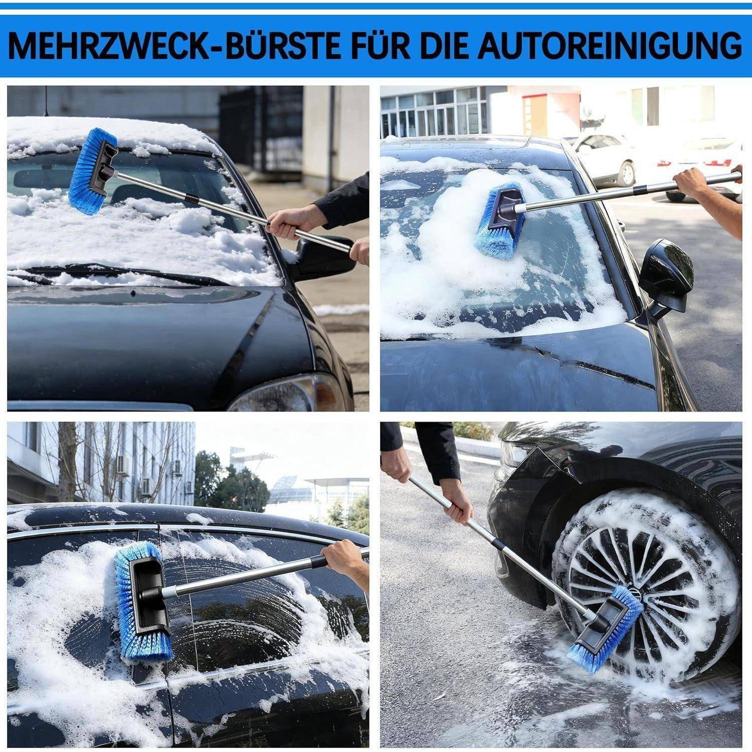 Collage, das einen blauen Mehrzweck-Autowascheimer mit Bürste zeigt, der Schnee und Seife von der Autoscheibe, dem Dach, den Fenstern und dem Rad reinigt.