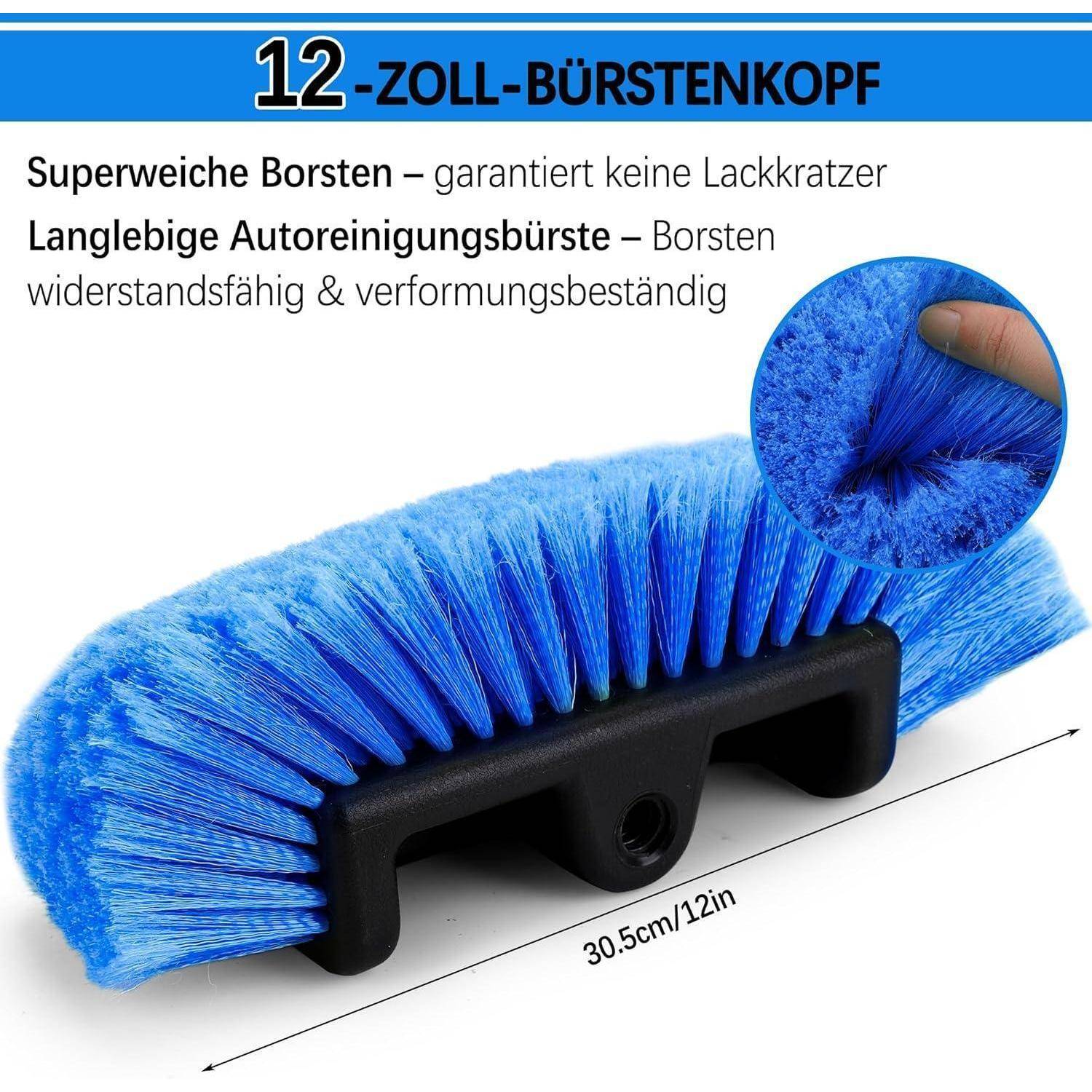 Blauer 12-Zoll-Bürstenkopf mit ultra-weichen Borsten; der Text besagt, dass er Kratzer verhindert, selbstreinigend ist und langlebig sowie formbeständig.