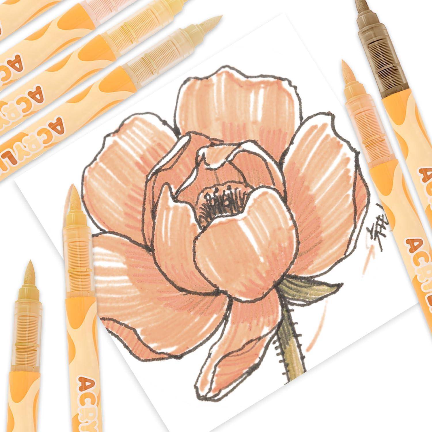 Eine von Hand gezeichnete pfirsich-orange Blume auf weißem Papier, umgeben von passenden orangefarbenen AC-Markern.