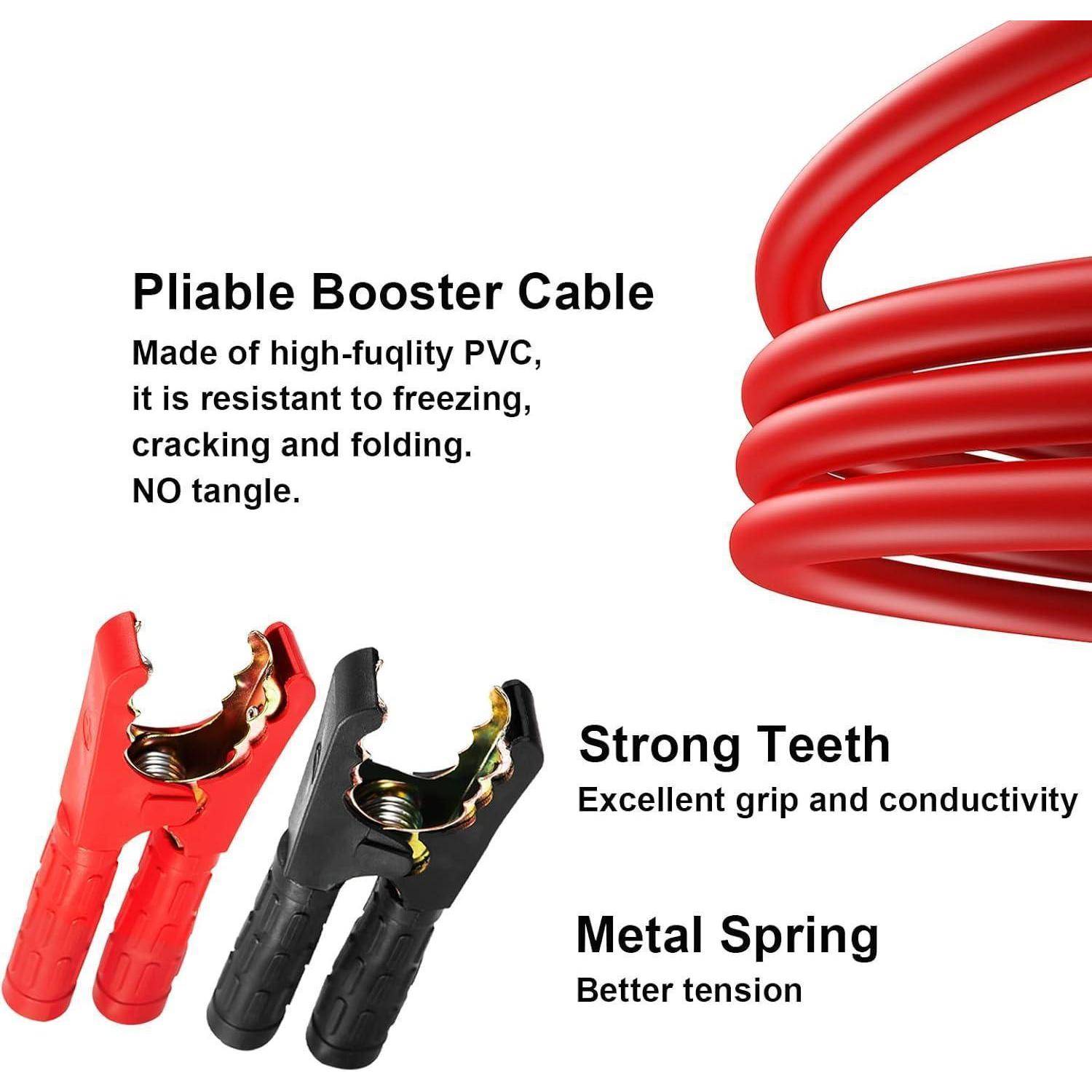 Anzeige für ein flexibles Starthilfekabel mit roten Überbrückungskabeln und Klemmen mit Angaben zur PVC-Haltbarkeit, kein Verheddern, starke Zähne und metallische Federspannung.