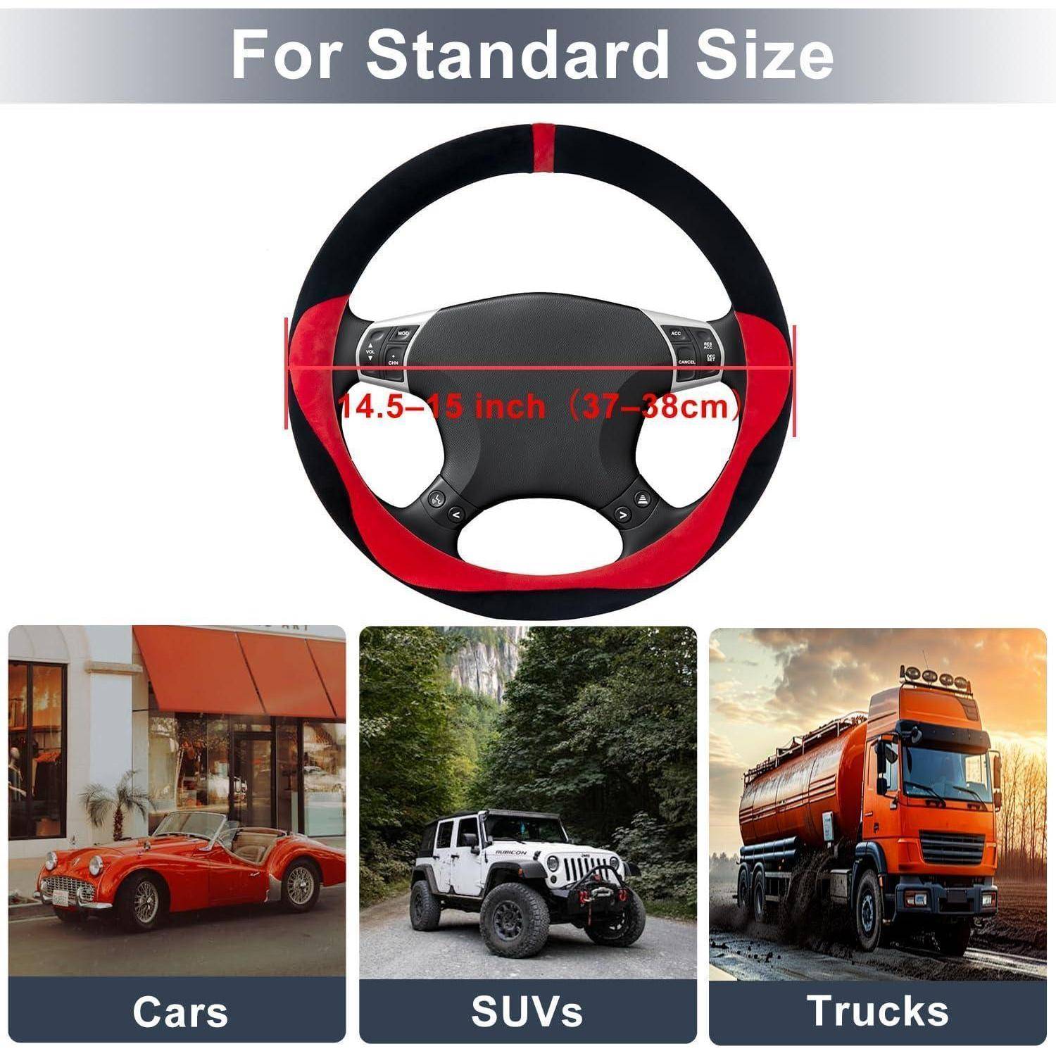 Lenkradbezug für Standardgröße, 14,5-15 Zoll (37-38cm), mit Beispielen für Pkw, SUVs und Lastkraftwagen.