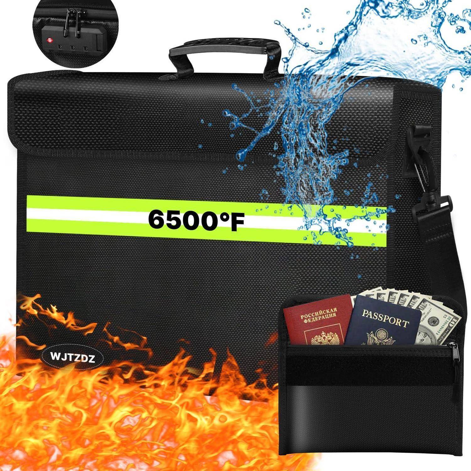 Schwarze feuerfeste Dokumententasche mit Griff, Etikett mit 6500°F, gezeigt beim Widerstand gegen Wasser und Flammen, mit Vordertasche, die Pässe und Bargeld hält.