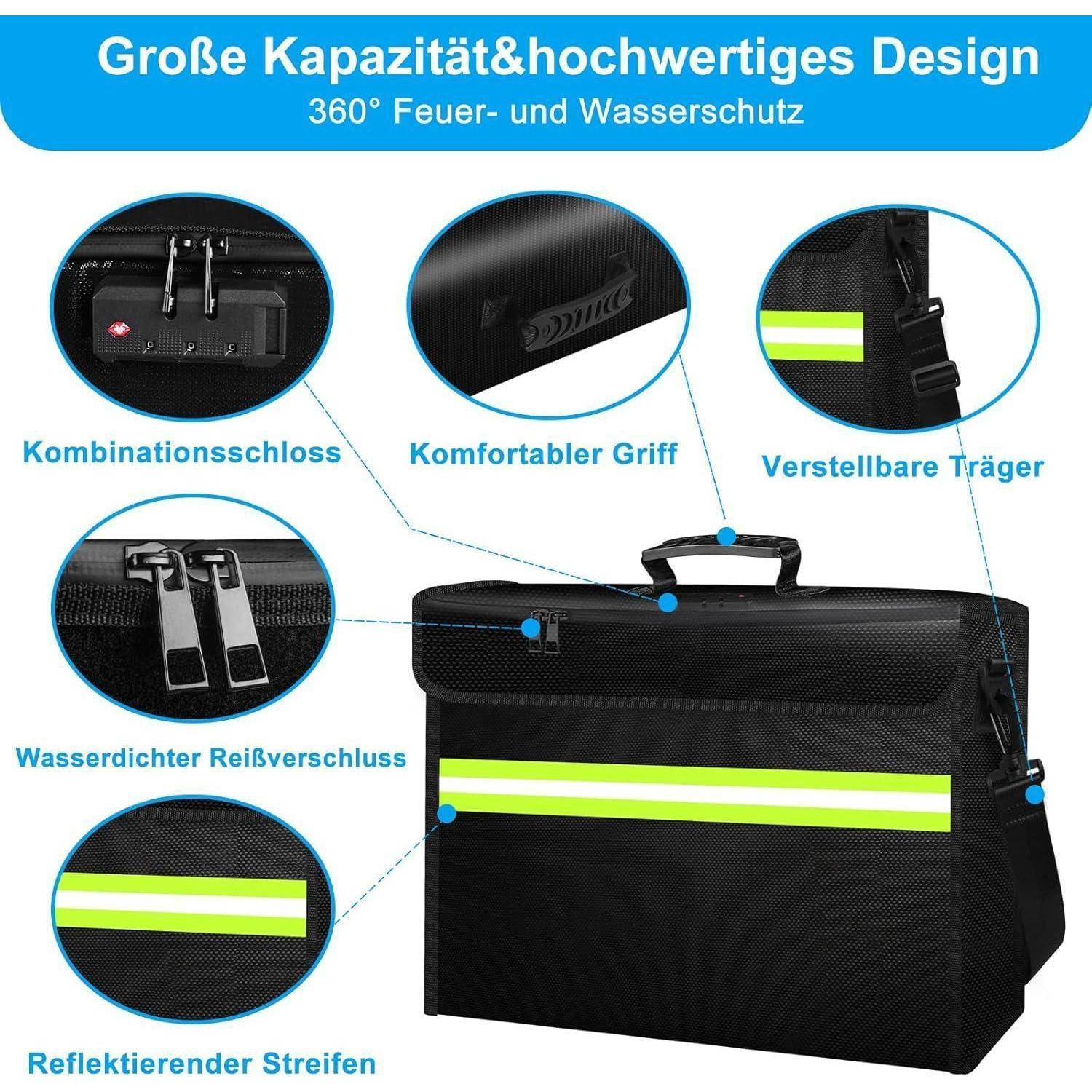 Feuerfeste Geldbeutel mit Schloss,Feuerfeste Box mit 6500°F,10Schichten Isoliermaterial,Wasserdichter Reißverschluss,Herausnehmbare Ordnerschichten/