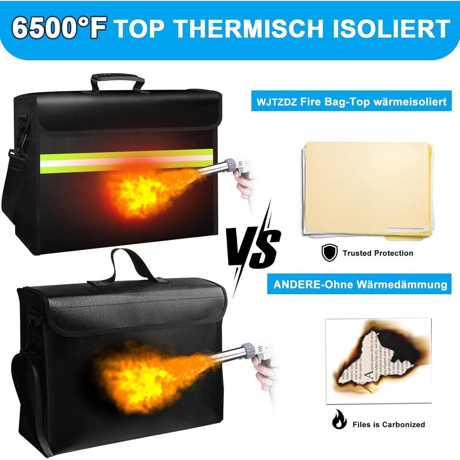 Feuerfeste Geldbeutel mit Schloss,Feuerfeste Box mit 6500°F,10Schichten Isoliermaterial,Wasserdichter Reißverschluss,Herausnehmbare Ordnerschichten/